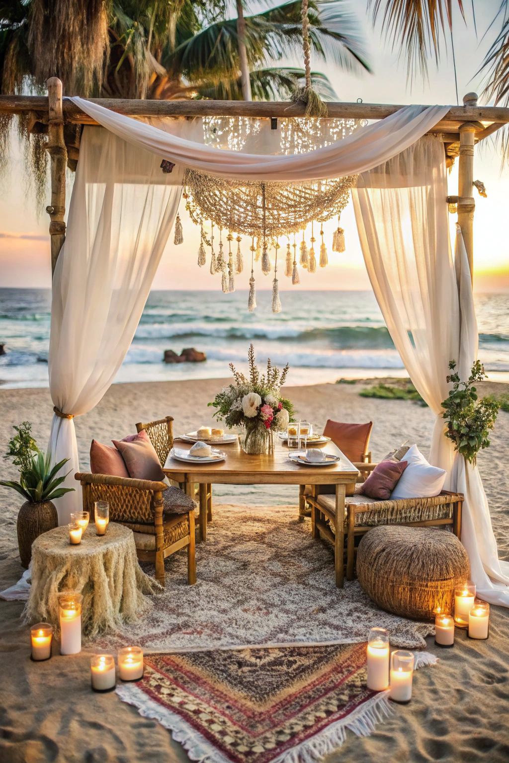 Beachside wedding setup with rustic furniture, candlelit ambiance, and ocean views