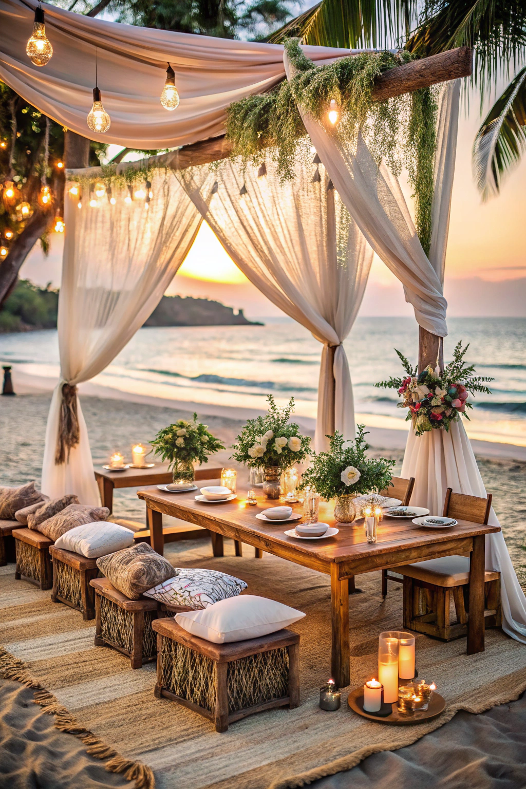 Bohemian beach wedding setup with sunset backdrop