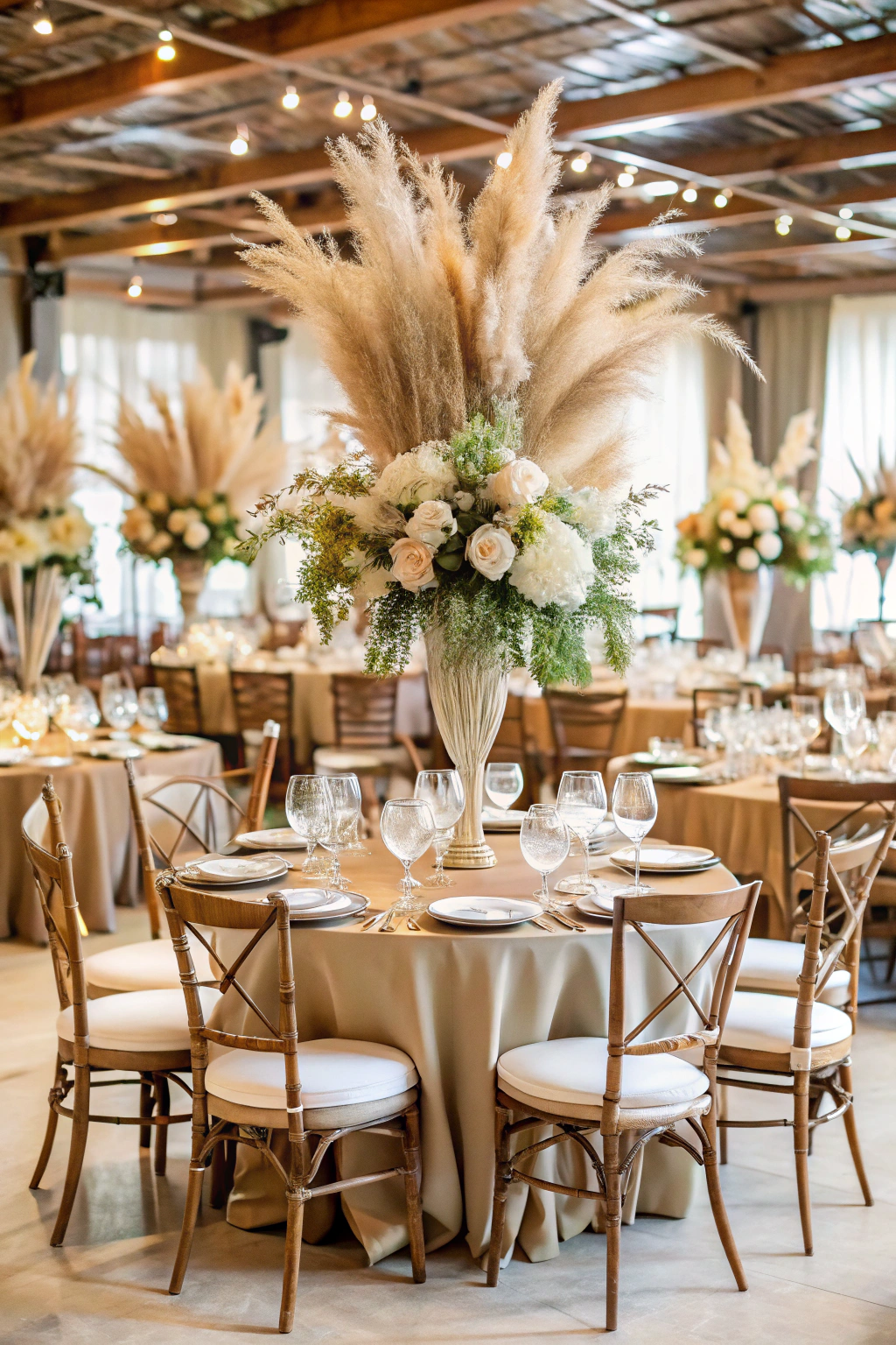 Round table with pampas grass centerpiece and elegant table setting