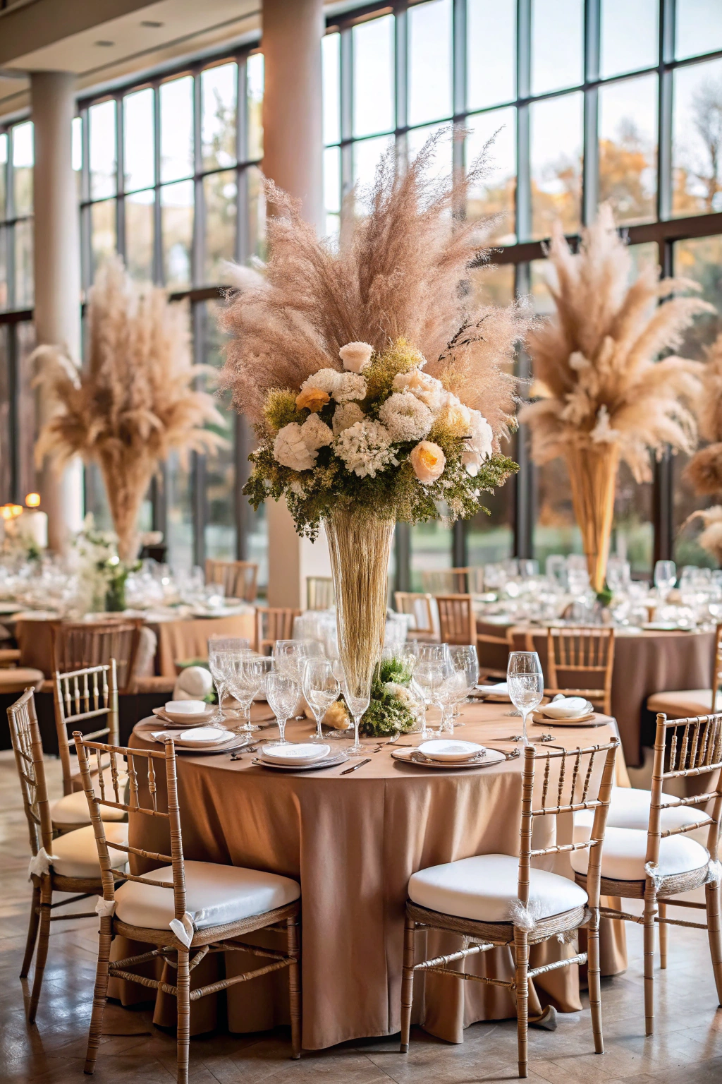 Elegant brown wedding table with pampas grass centerpiece