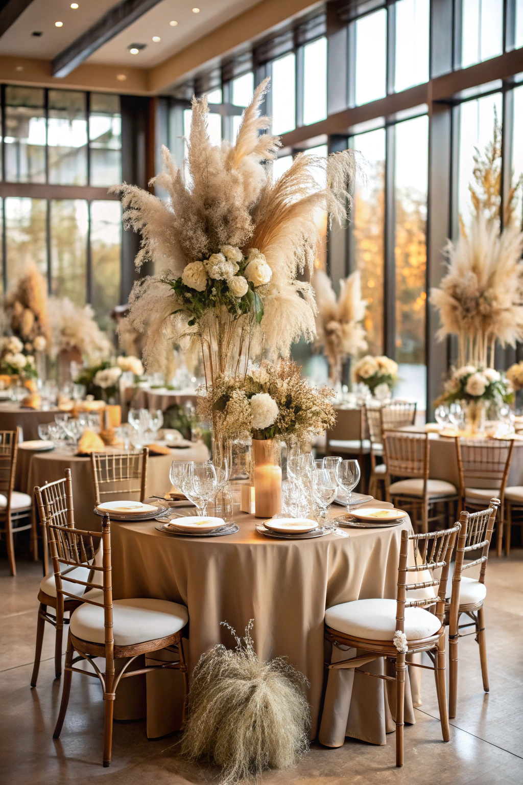 Tall pampas grass centerpieces on round tables with brown tablecloths