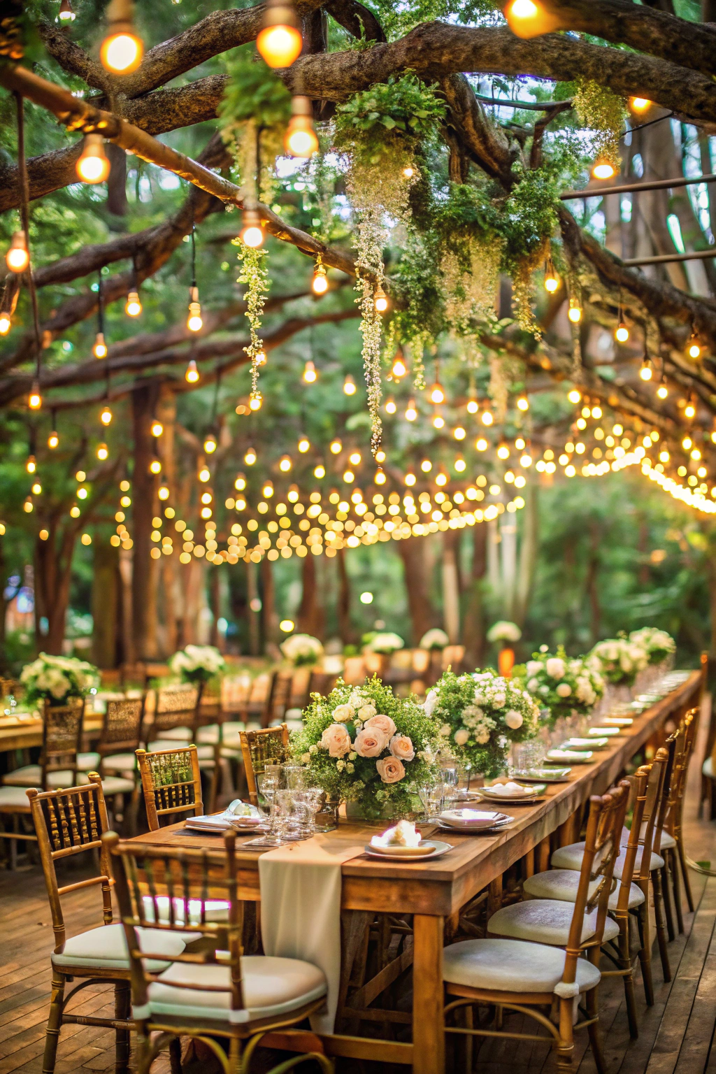 Wedding tables beneath glowing lights in a forest setting