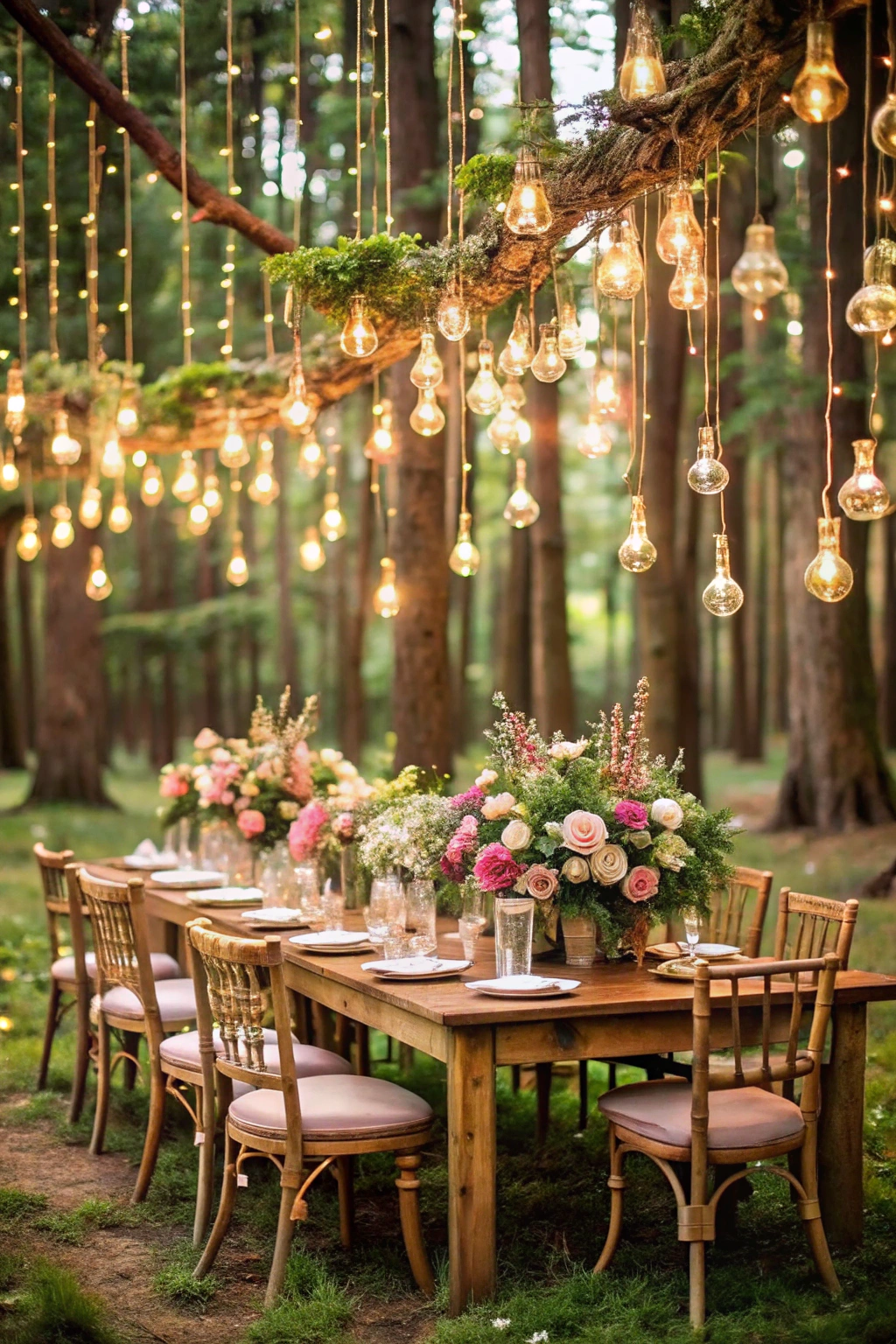 Outdoor wedding table with hanging lights and floral decor