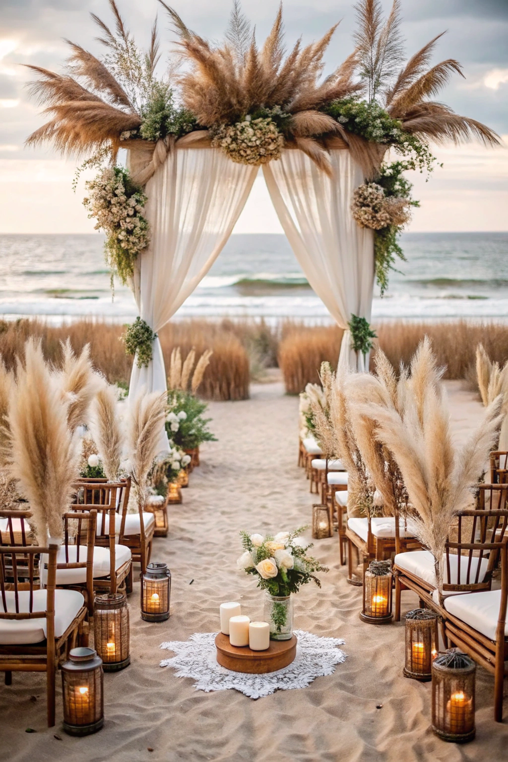 Beach wedding setup with pampas grass, lanterns, and an ocean backdrop