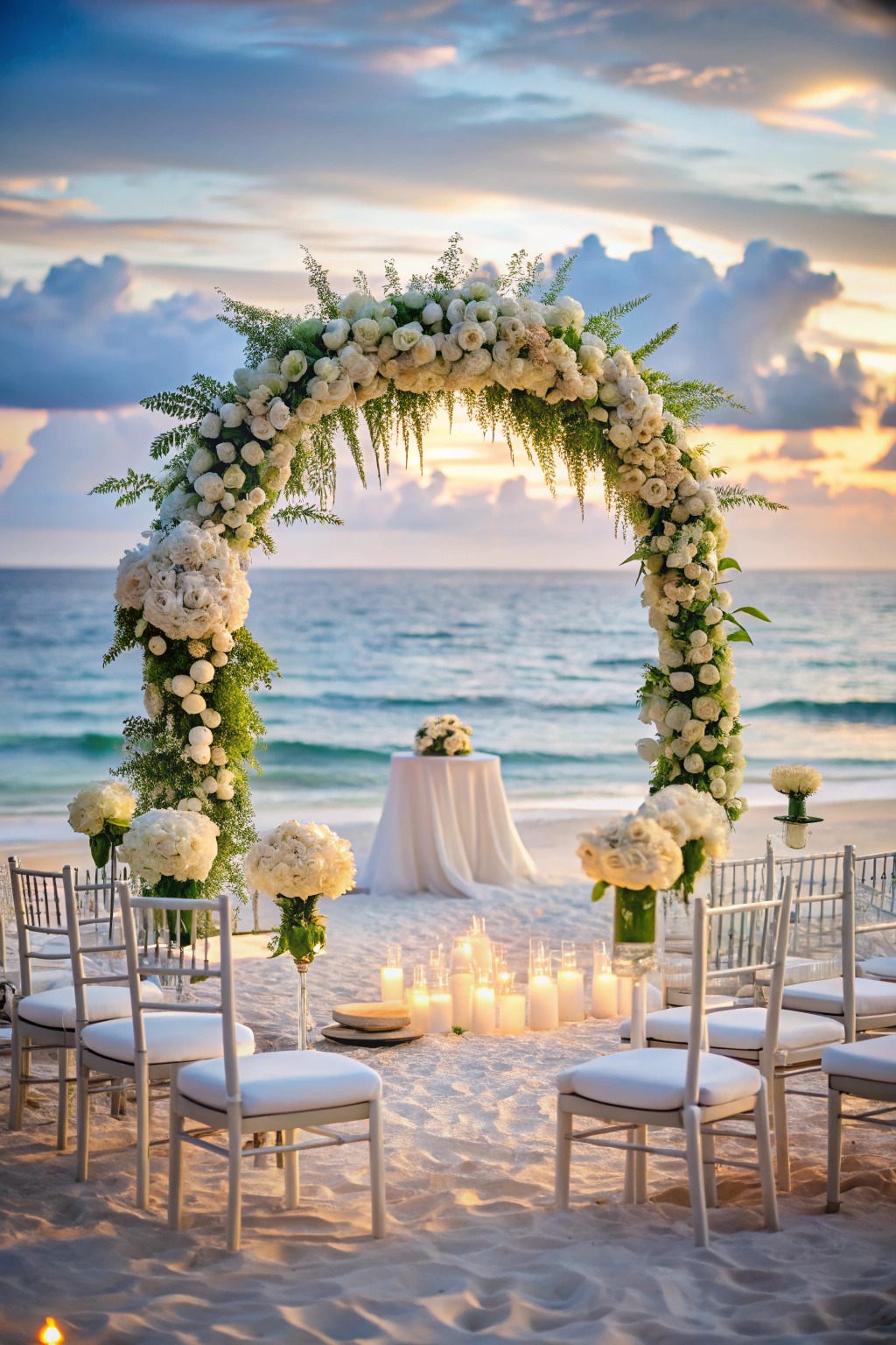 Elegant beach wedding setup with floral arch