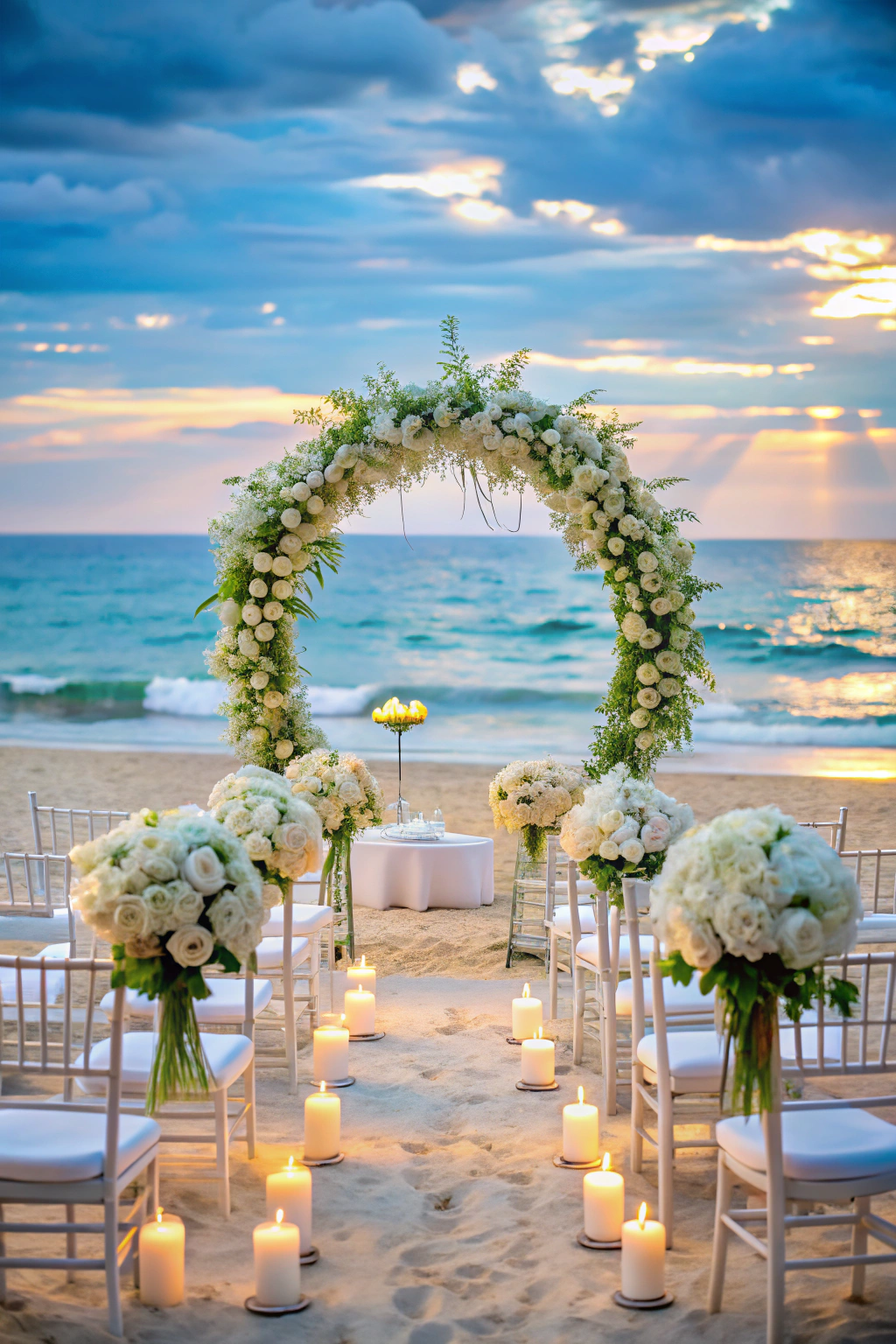 Beachfront wedding setup with floral arch and candles