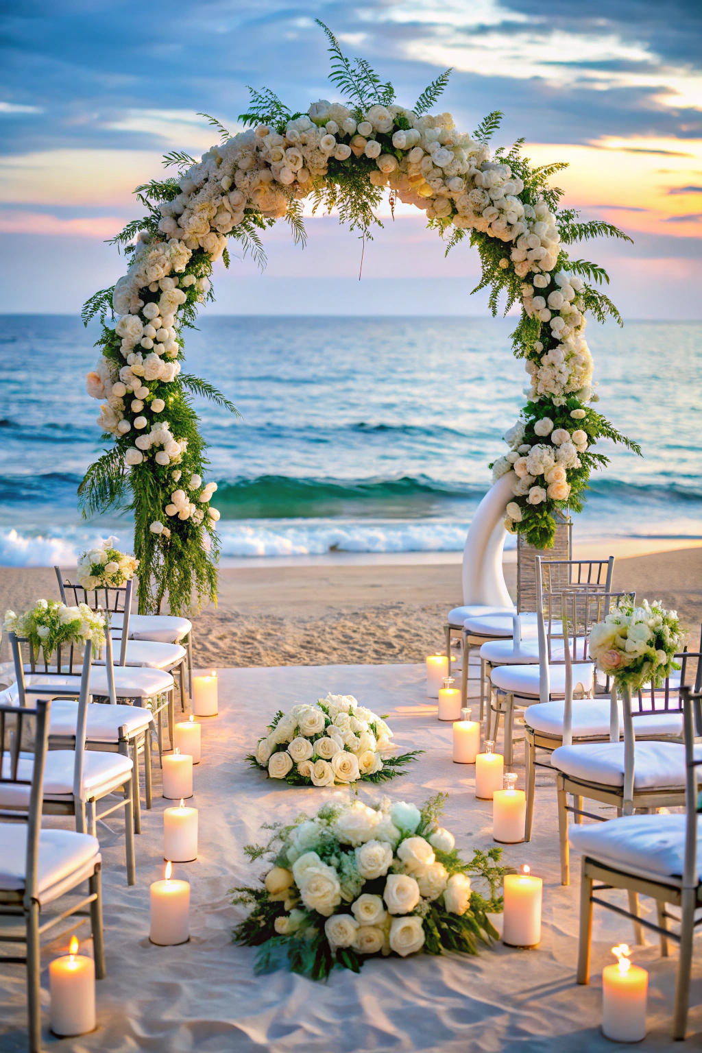 Beach wedding setup with floral arch and candles