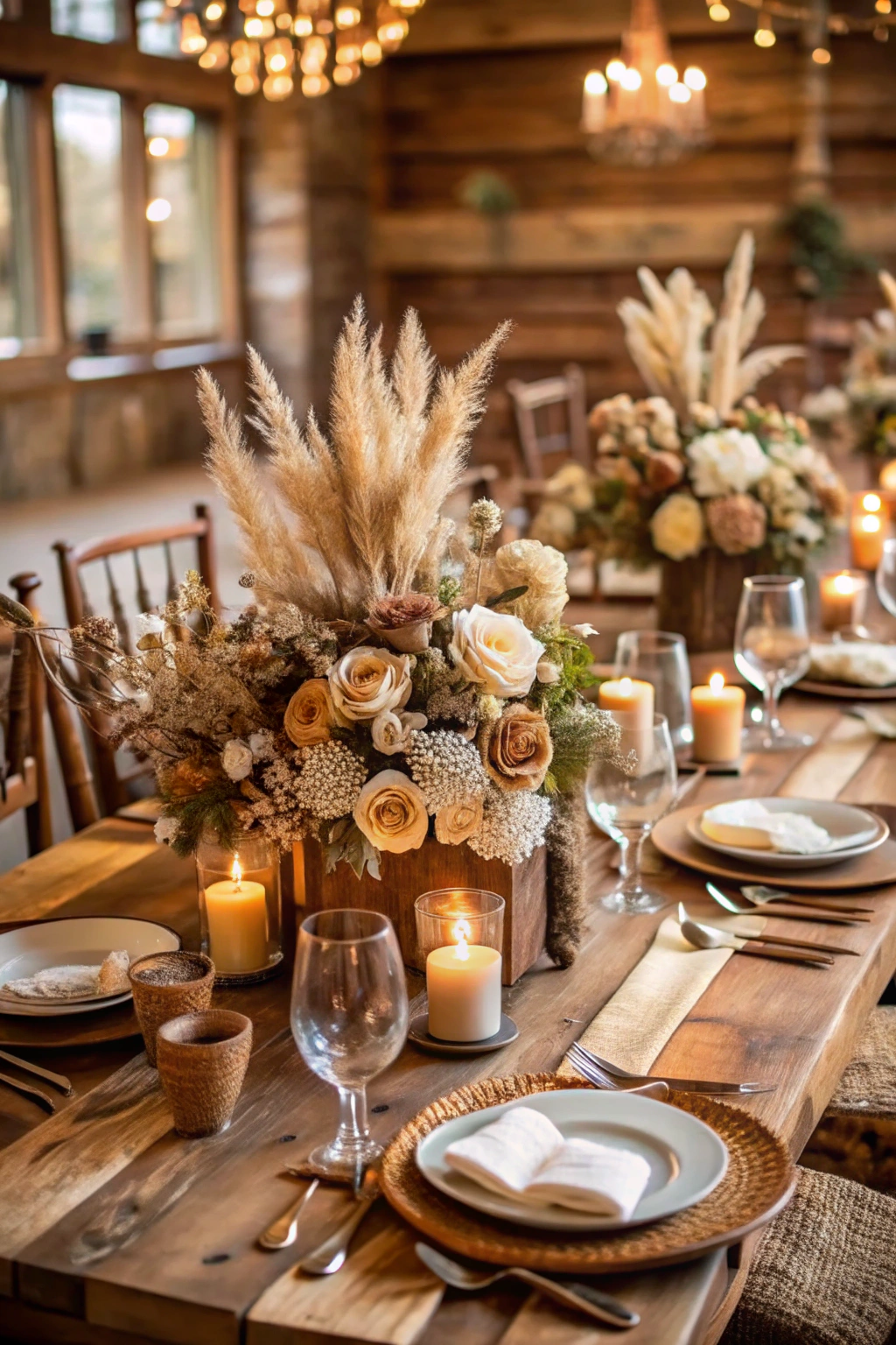 Wedding table setup with brown florals and candles