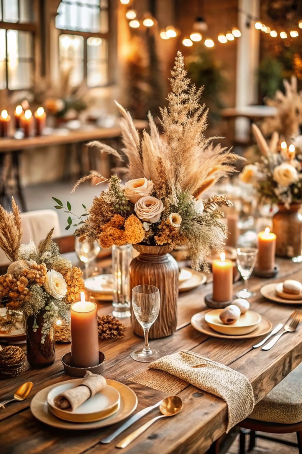 Elegant table setting with brown candles and pampas grass centerpiece