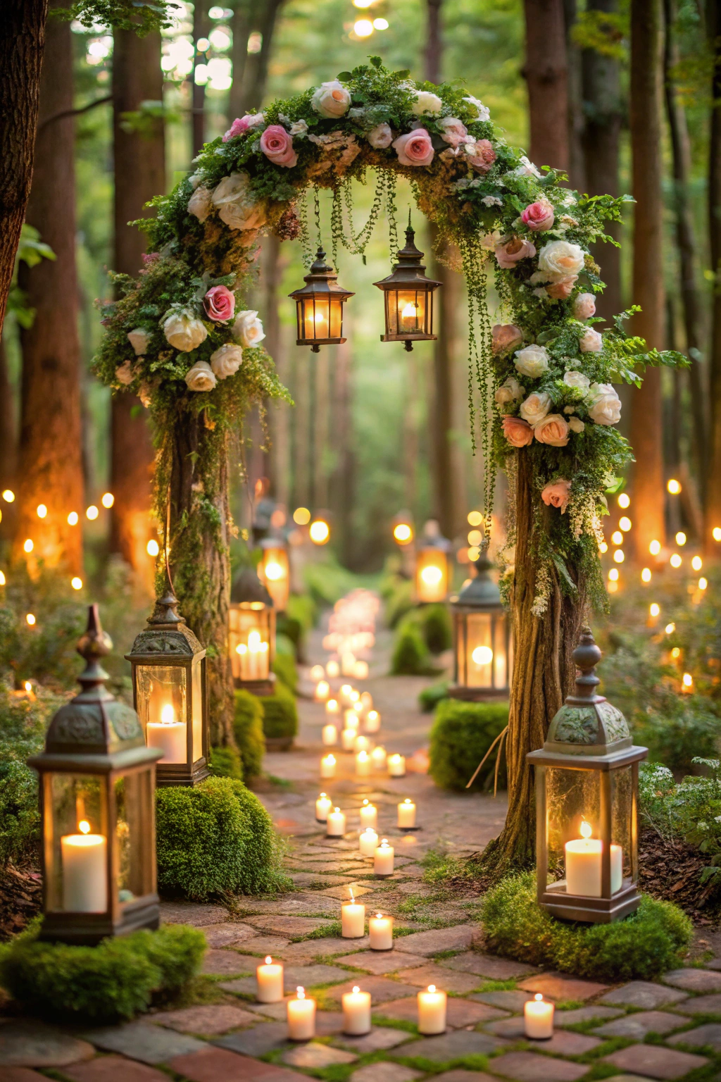 Lanterns and flowers line a woodland wedding path