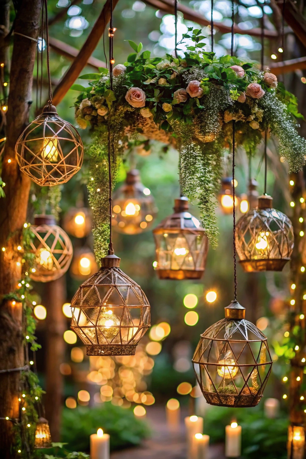 Hanging lanterns with floral canopy in forest setting