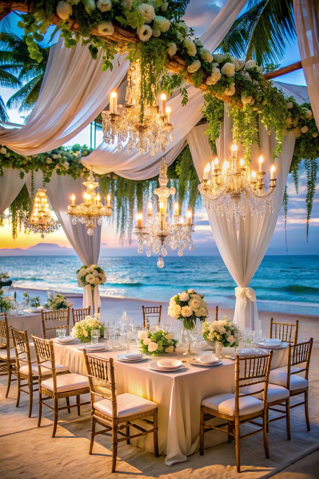 Luxurious chandeliers illuminate a beachside wedding table