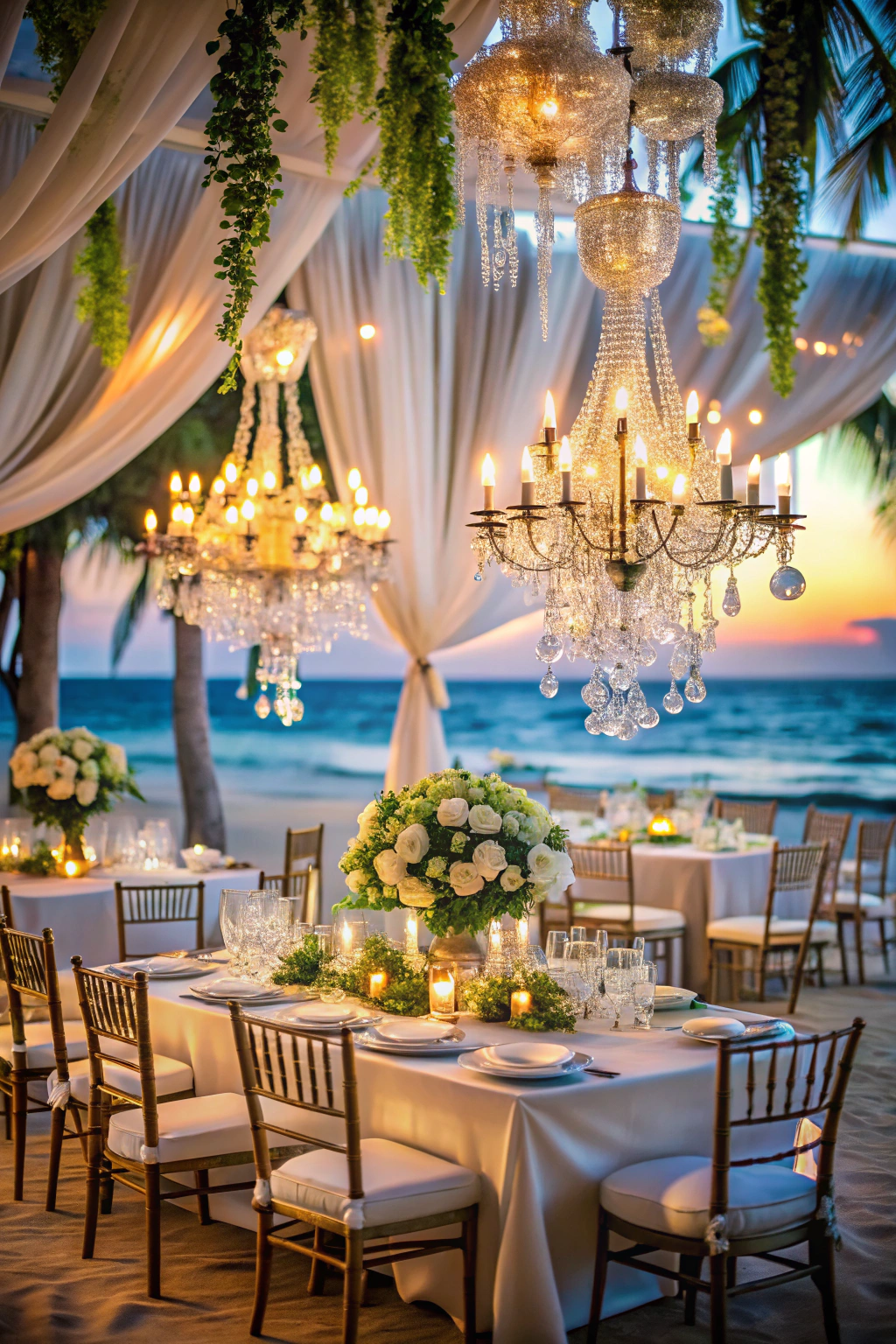 Opulent beach wedding setup at sunset with chandeliers and floral arrangements