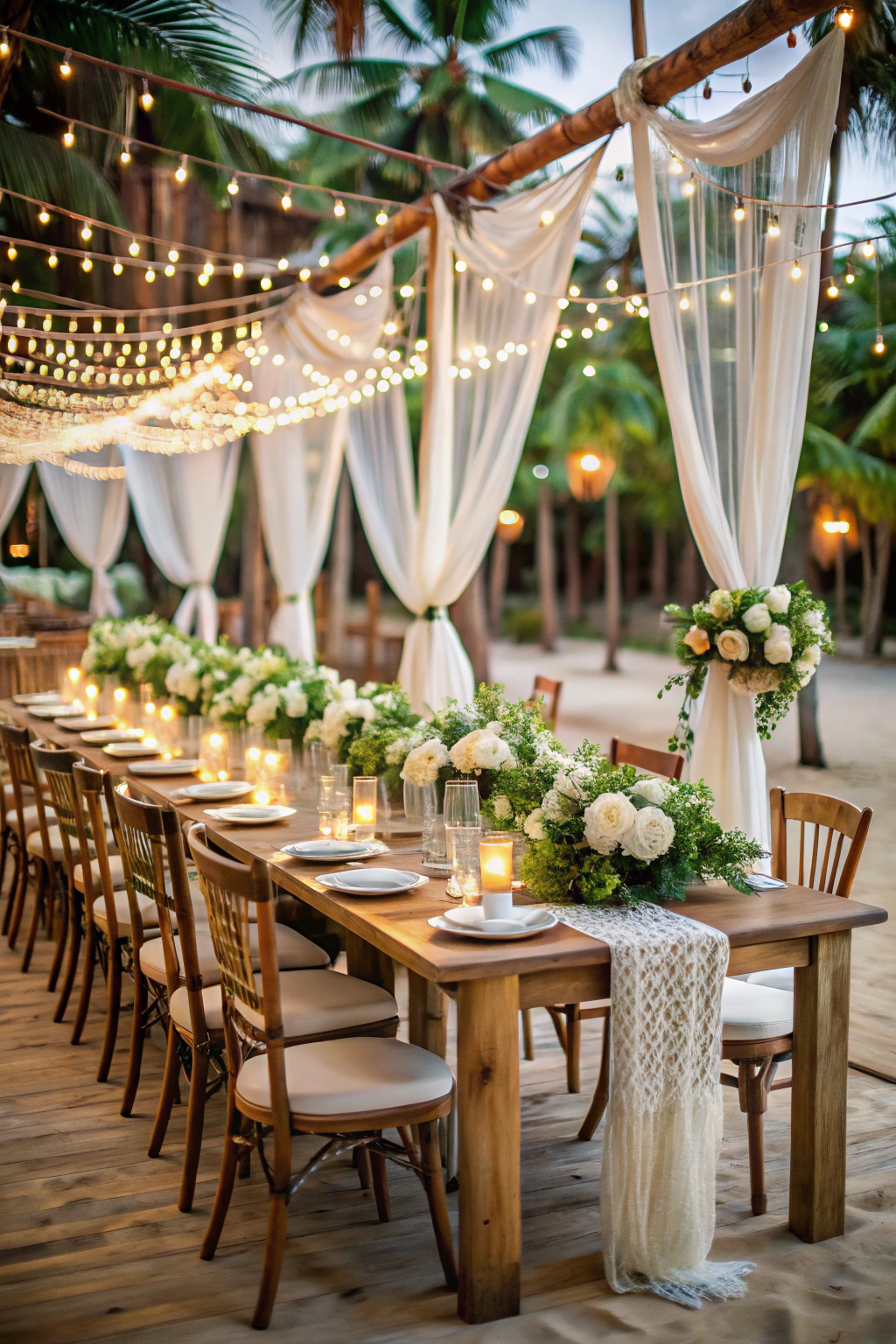 Elegant boho wedding setup with lights and flowers