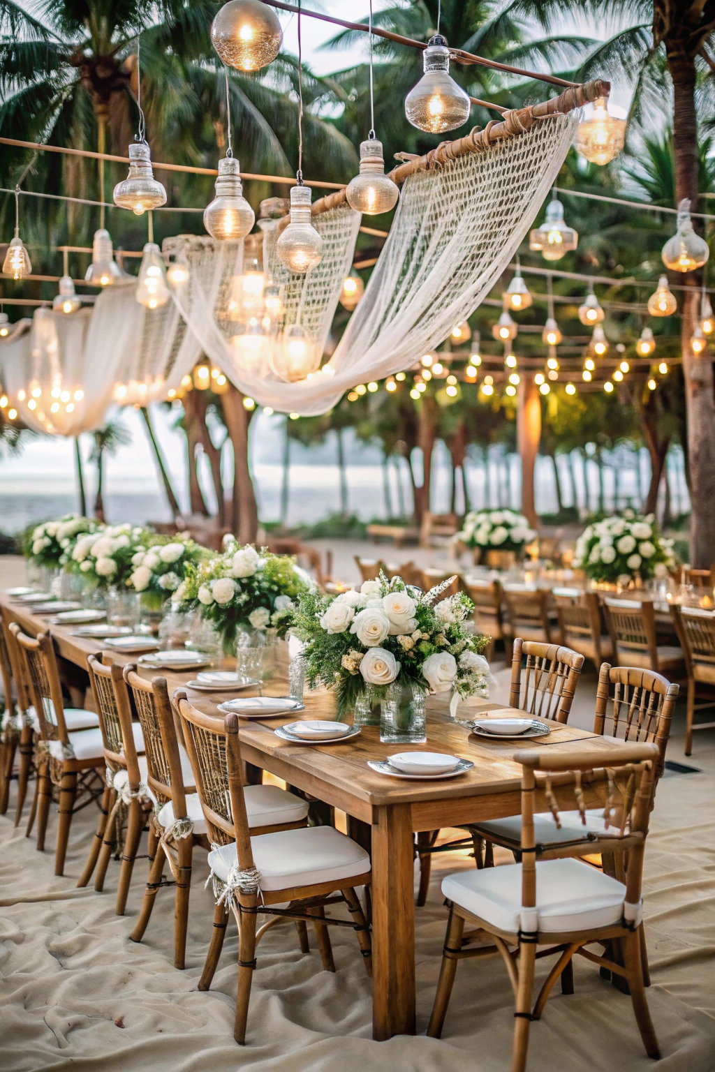 Beach wedding setup with wooden tables and hanging lights