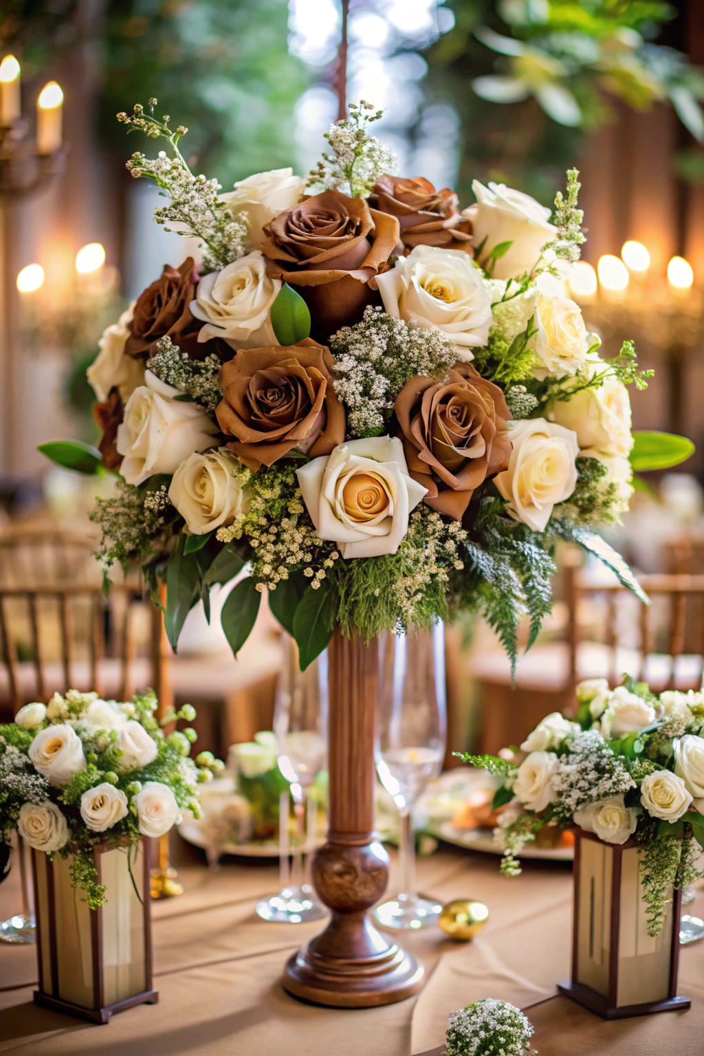 Tall centerpiece with brown and cream roses at a wedding reception