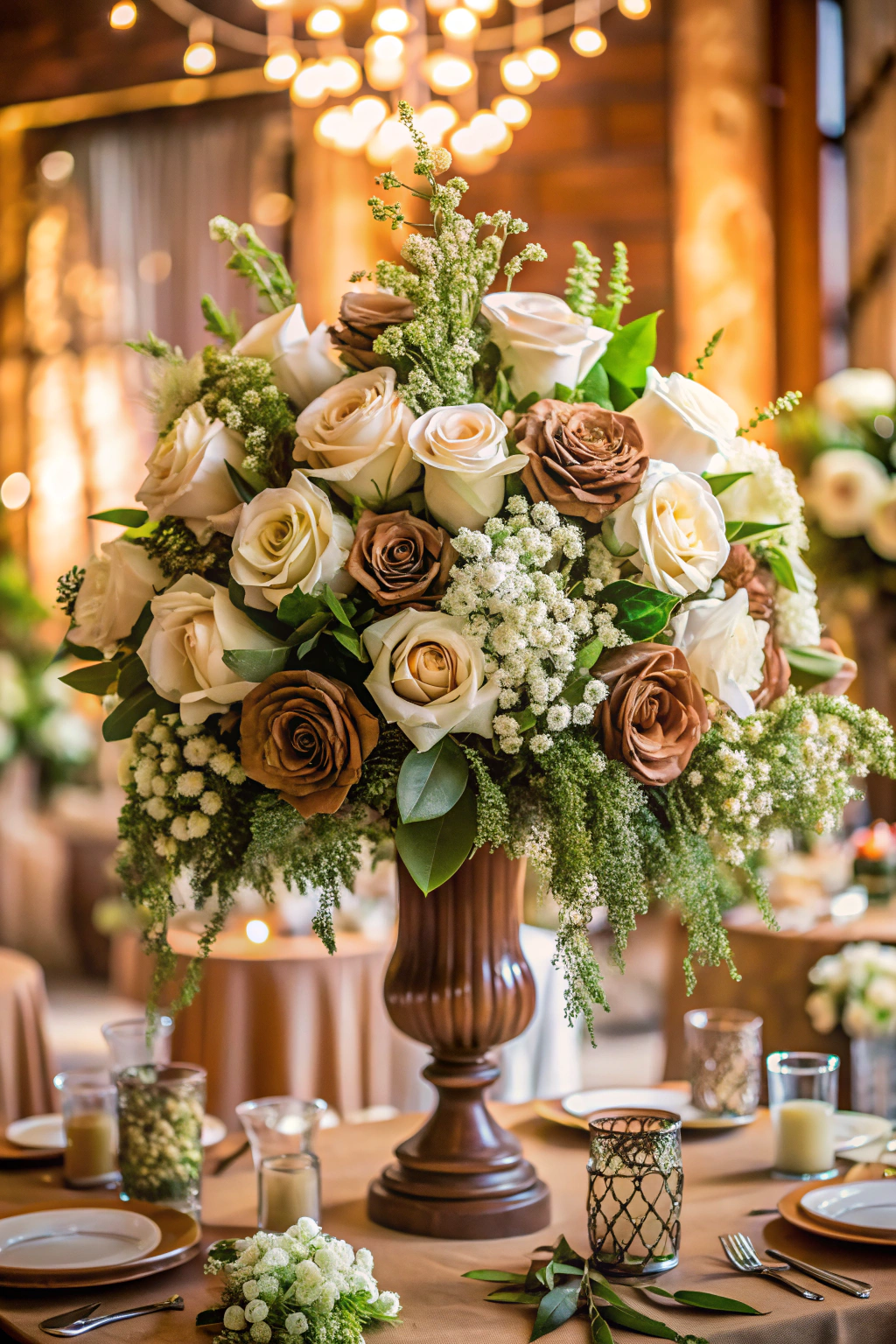 Ornate floral centerpiece with shades of brown and cream roses