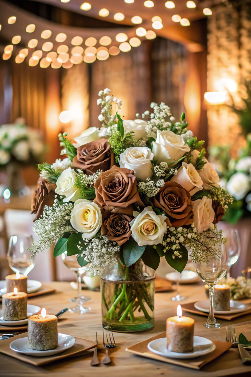 Elegant table setting with brown and cream floral centerpiece