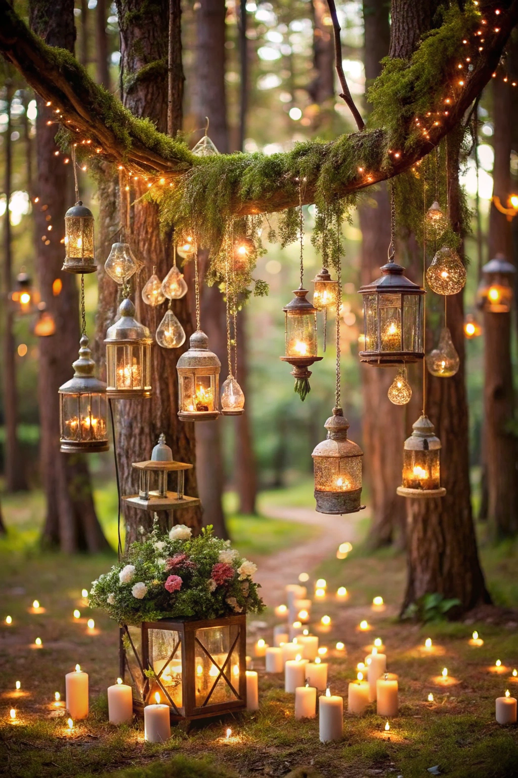 Romantic forest setting with hanging lanterns and candles