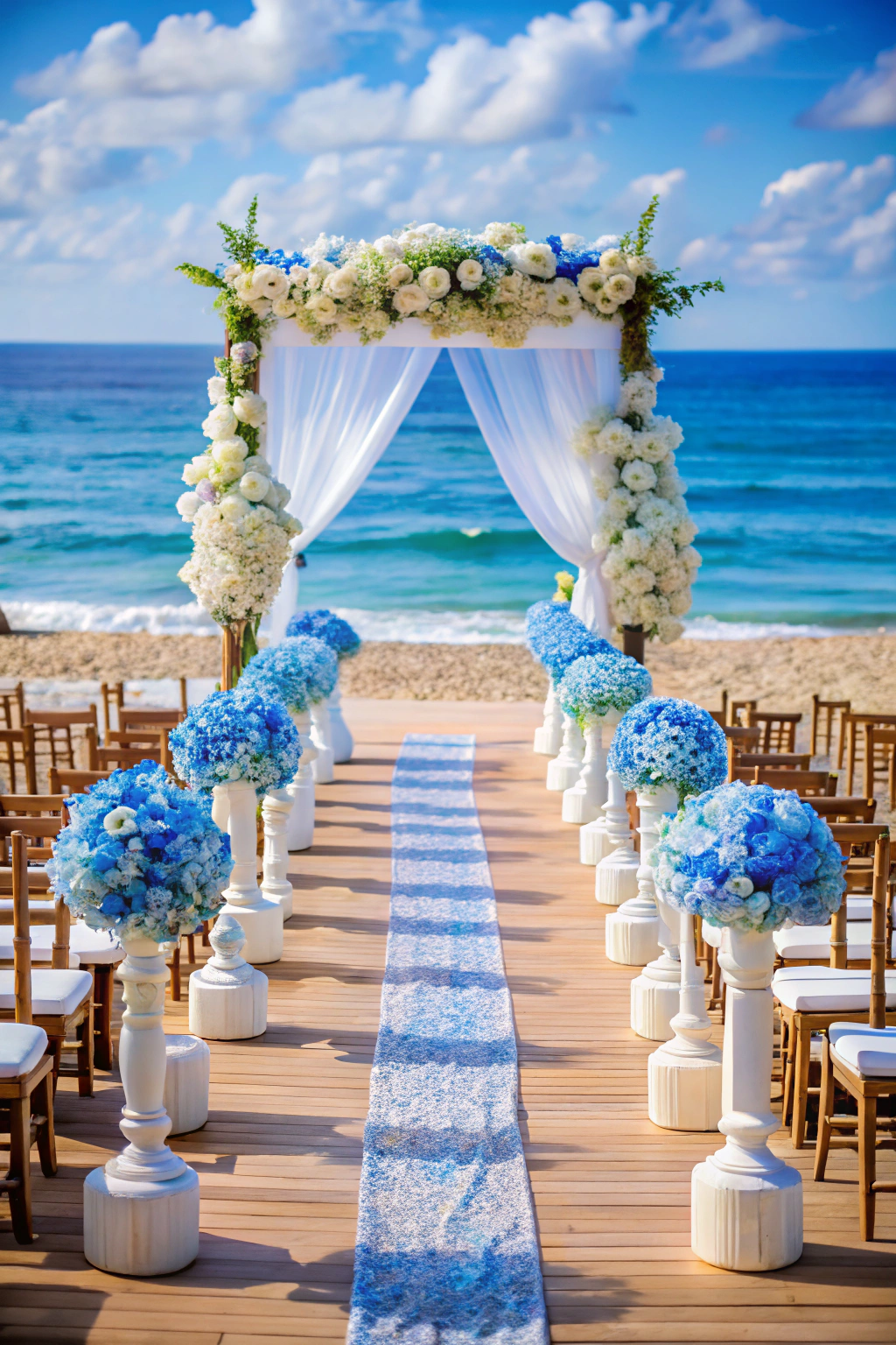 Floral aisle leading to a beach wedding arch with ocean view