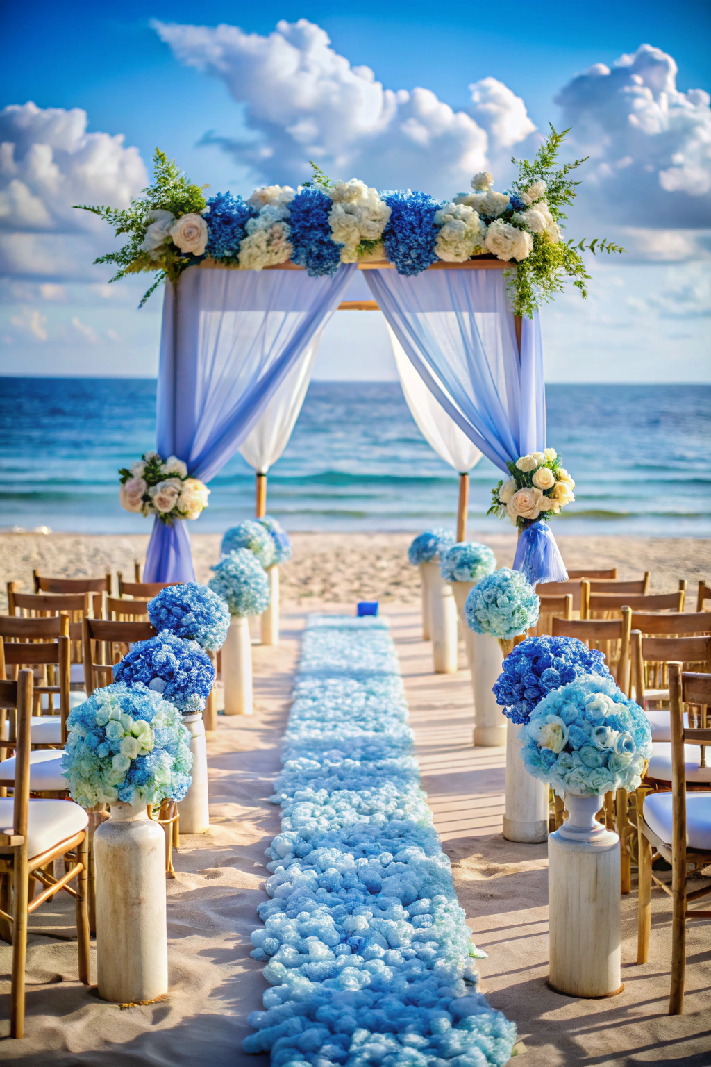 Beach wedding setup with blue floral accents and a draped arch