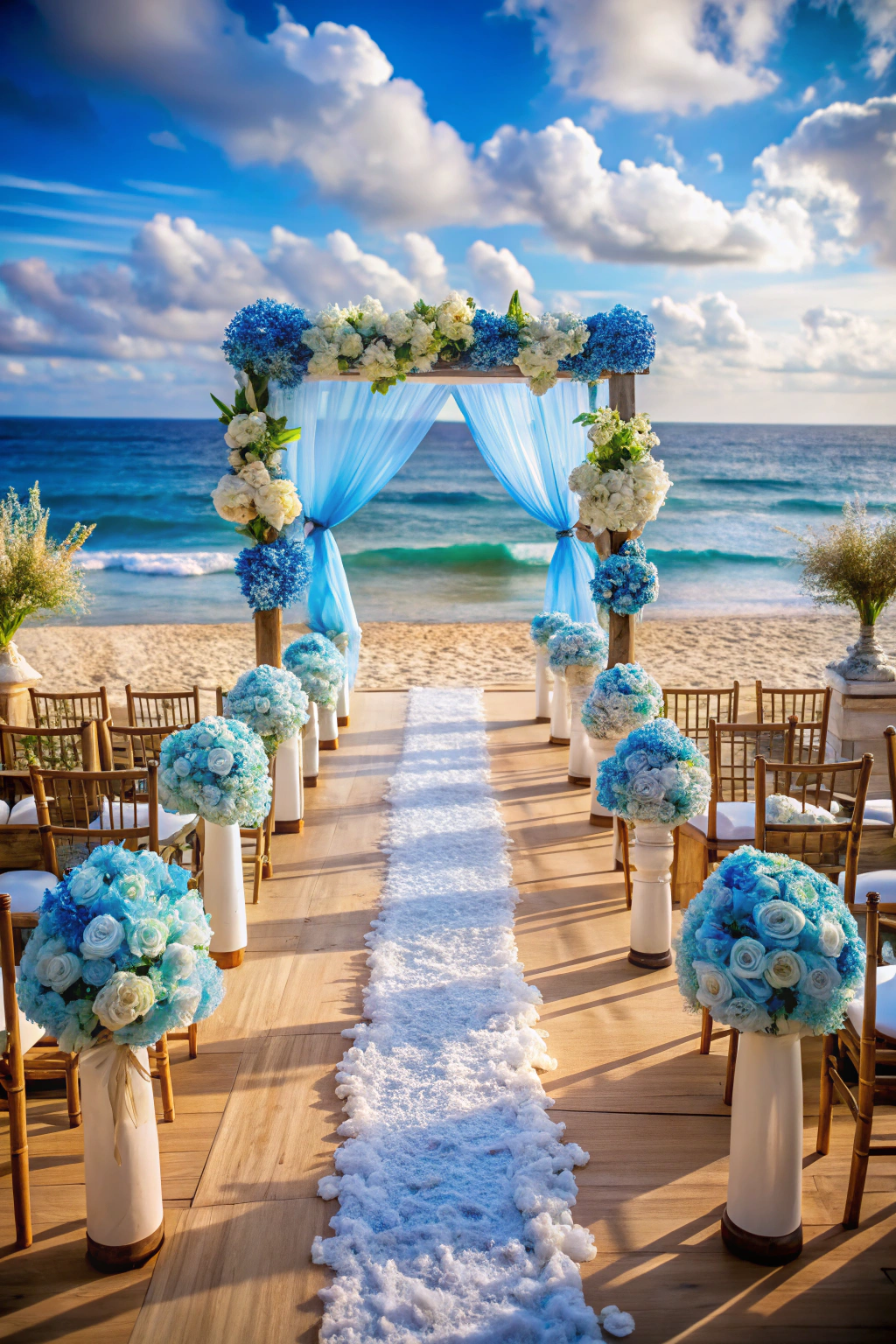 Beachfront wedding setup with blue and white floral decor