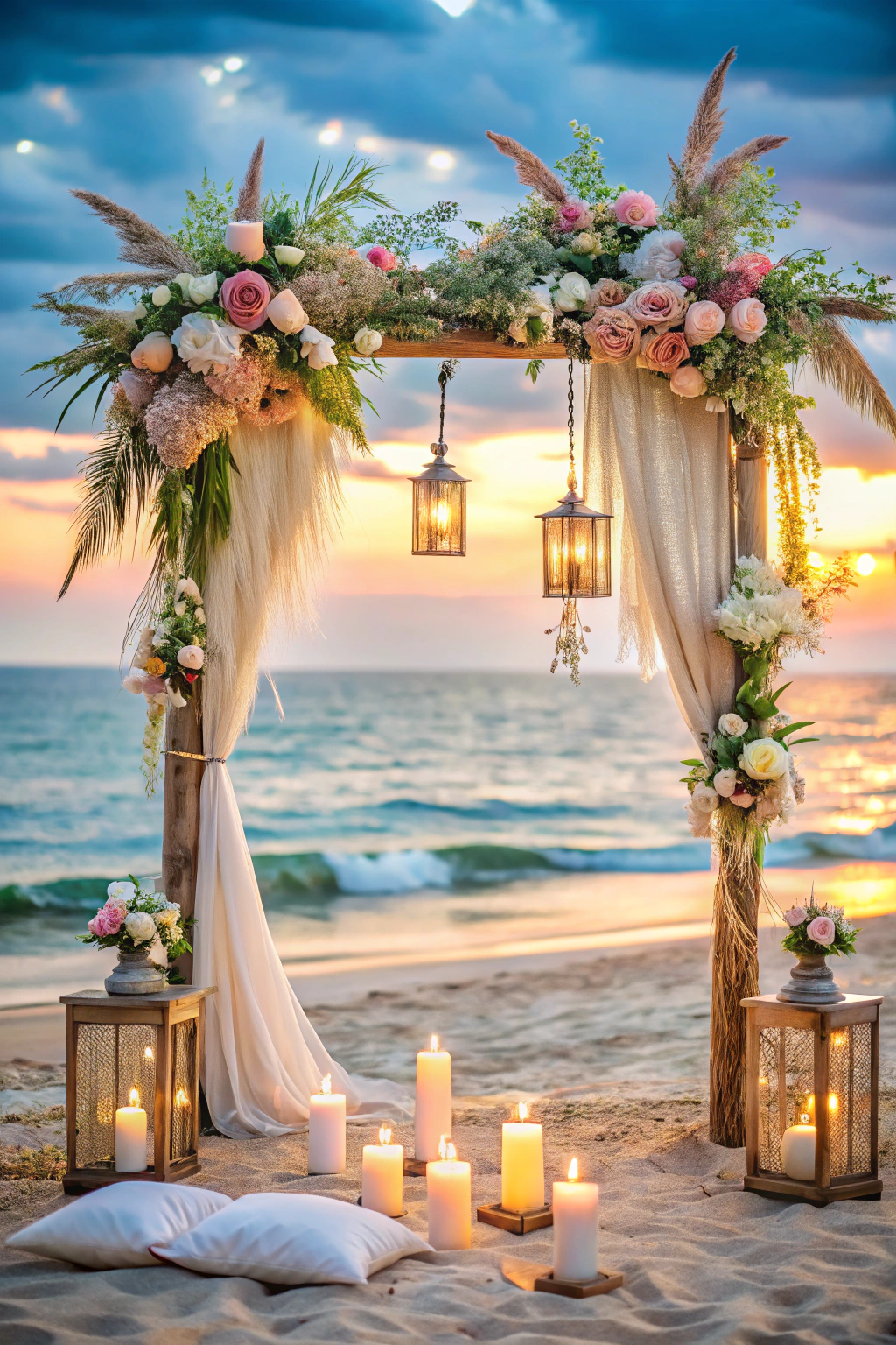 Beach wedding arch with flowers and lanterns