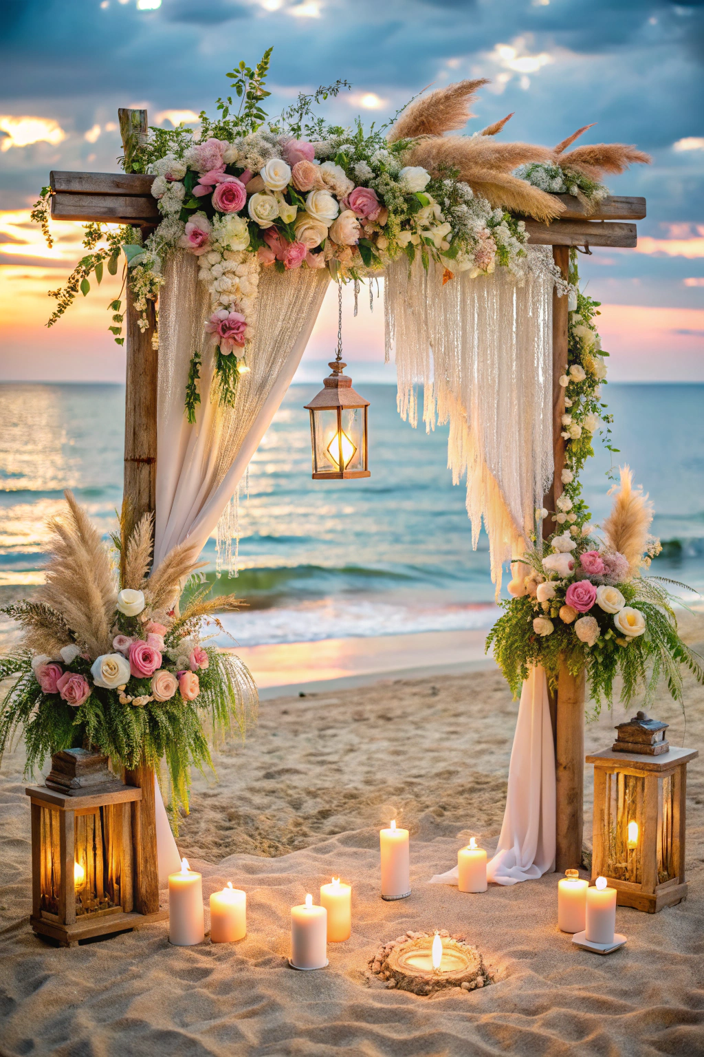 Beach wedding arch with flowers and candles