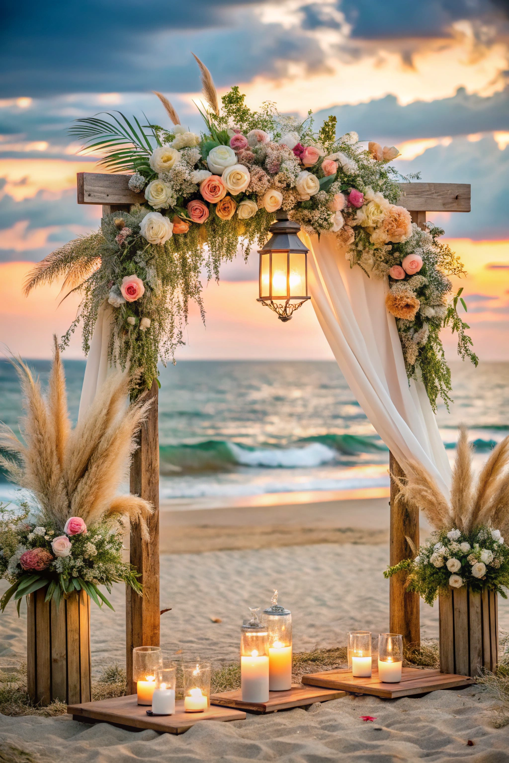 Beach wedding arch adorned with flowers and candles