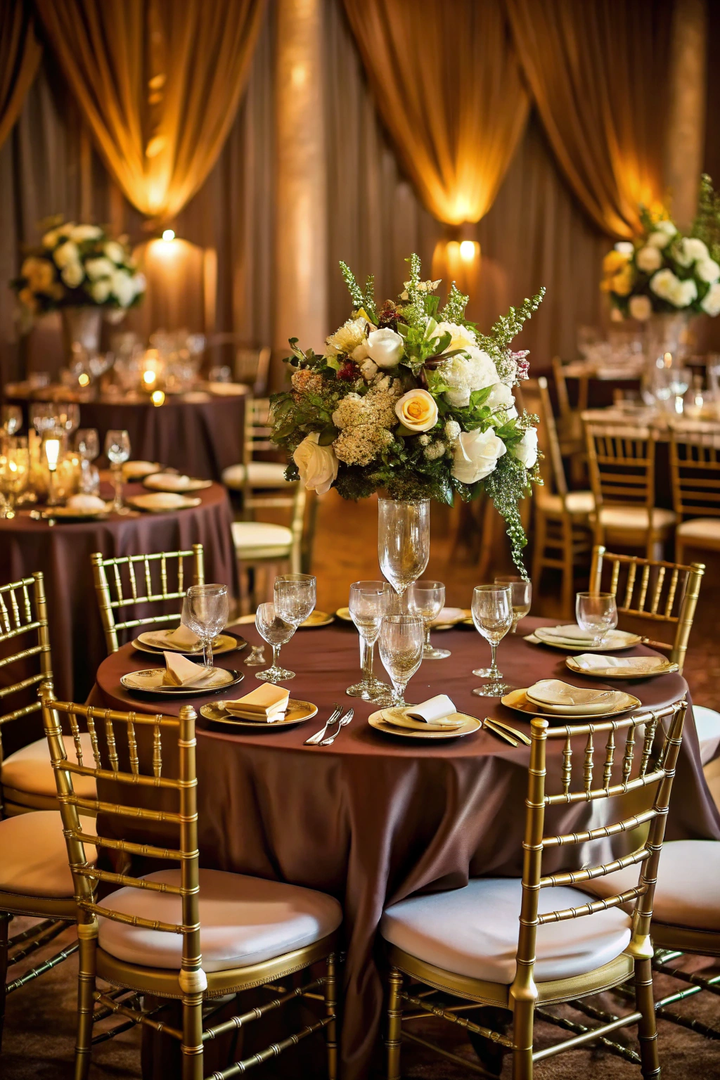 Elegant table setup with floral centerpiece in warm tones