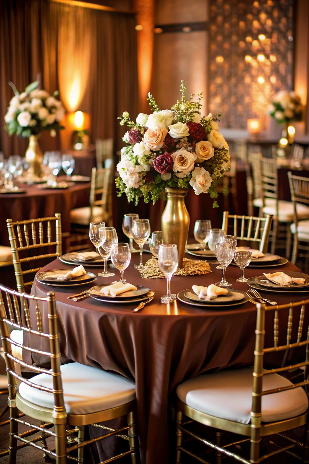 Round table with golden centerpiece and elegant floral arrangement