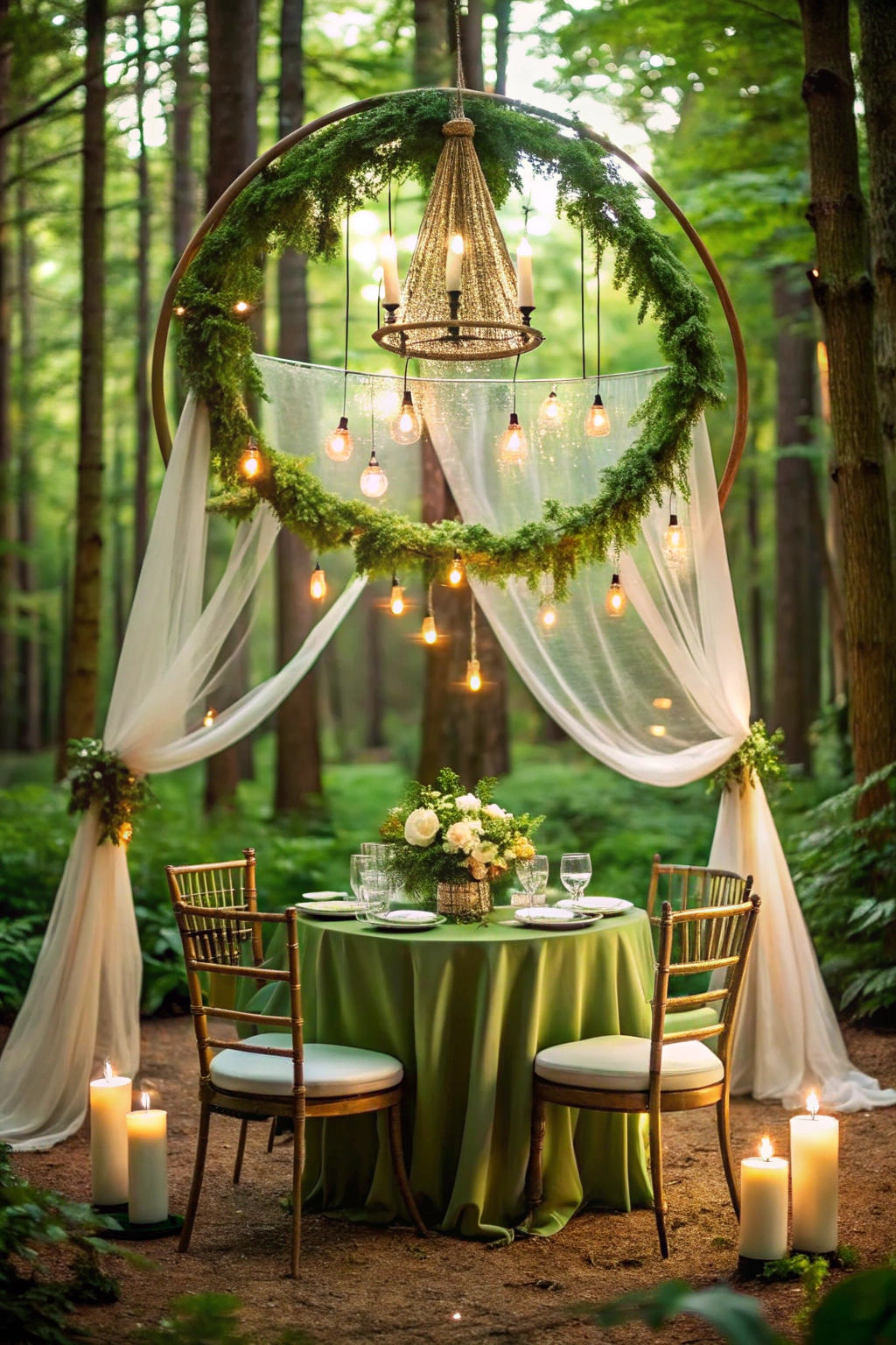 Round table setting in a forest decorated with a chandelier and candles