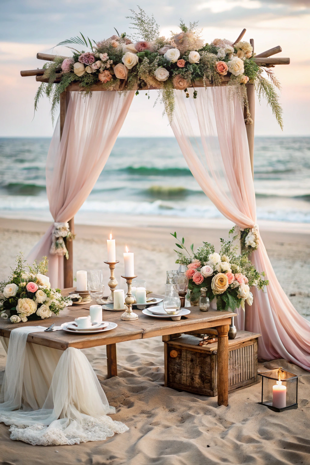 Beachside wedding setup with a floral arch and a rustic table adorned with candles and blooms