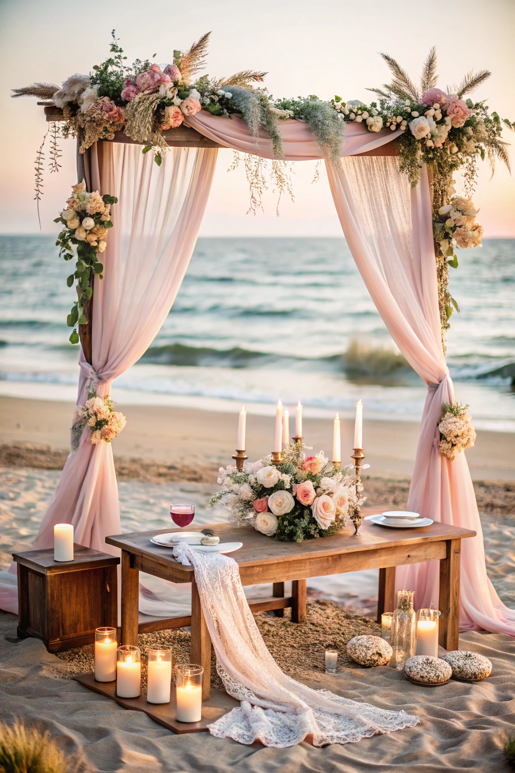 Beach wedding setup with floral arch and candlelit table