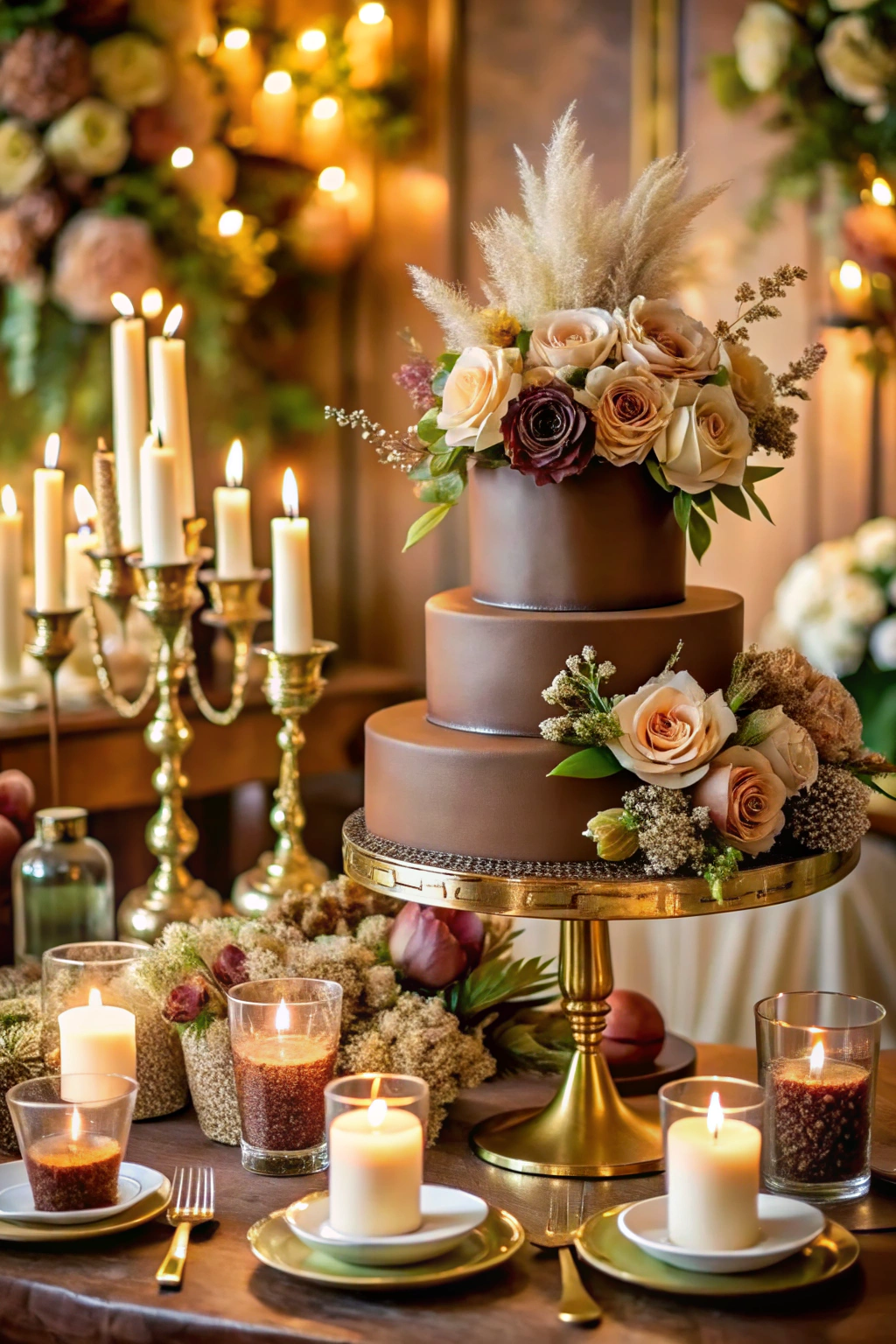 Elegant wedding display with a rich, brown cake adorned with roses and pampas grass