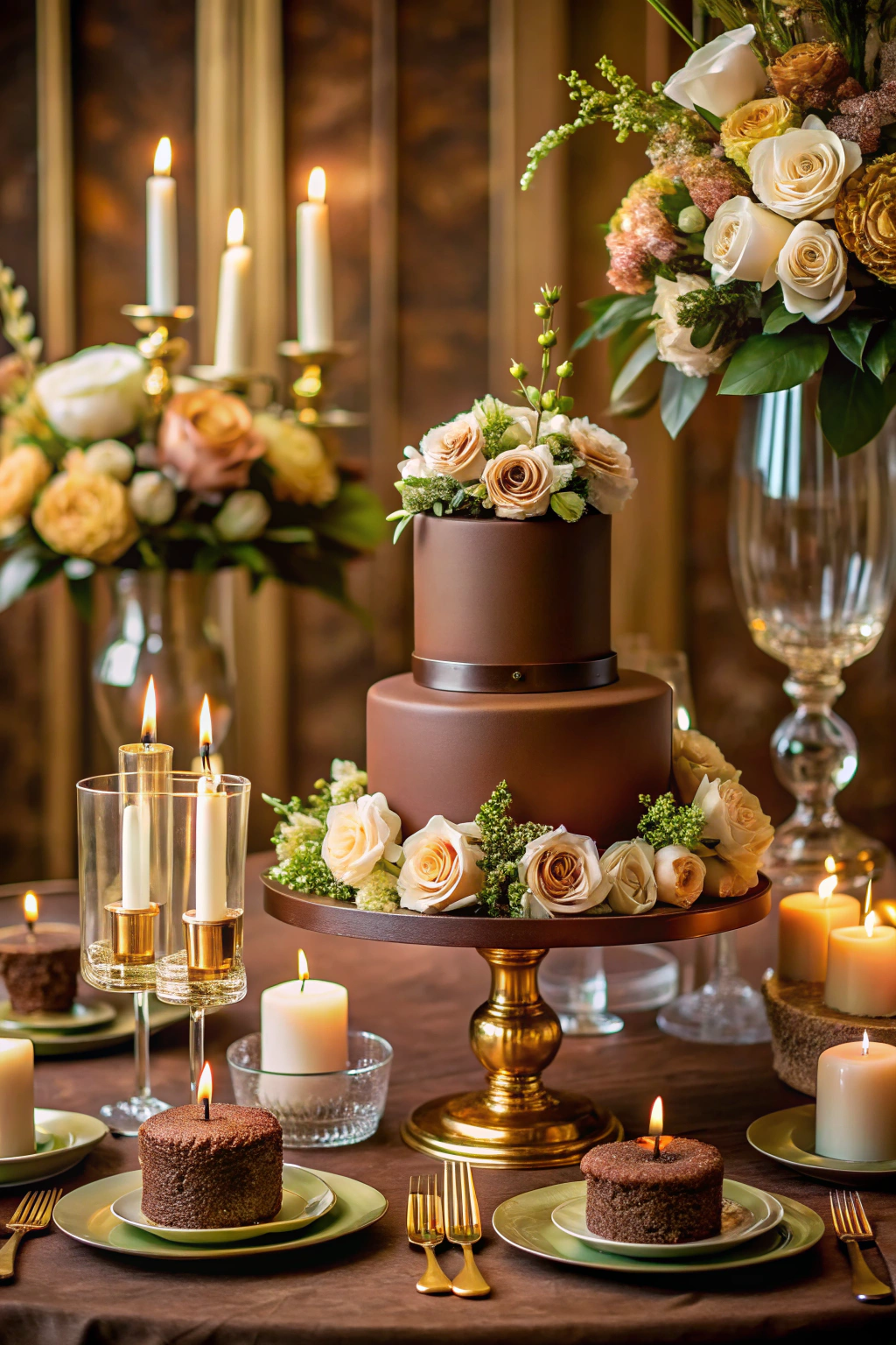 Elegant brown wedding cake with floral accents