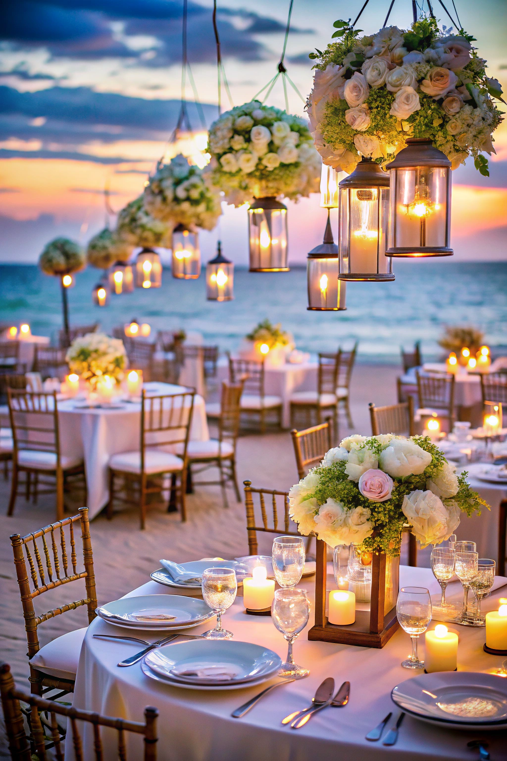 Beachside wedding tables with flowers and lanterns