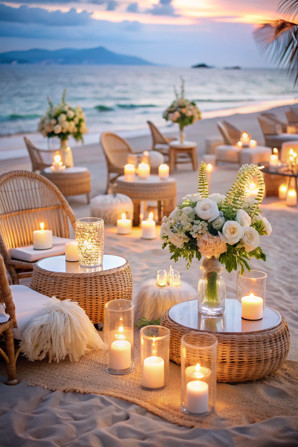 Candlelit beach wedding setting with wicker chairs and floral arrangements