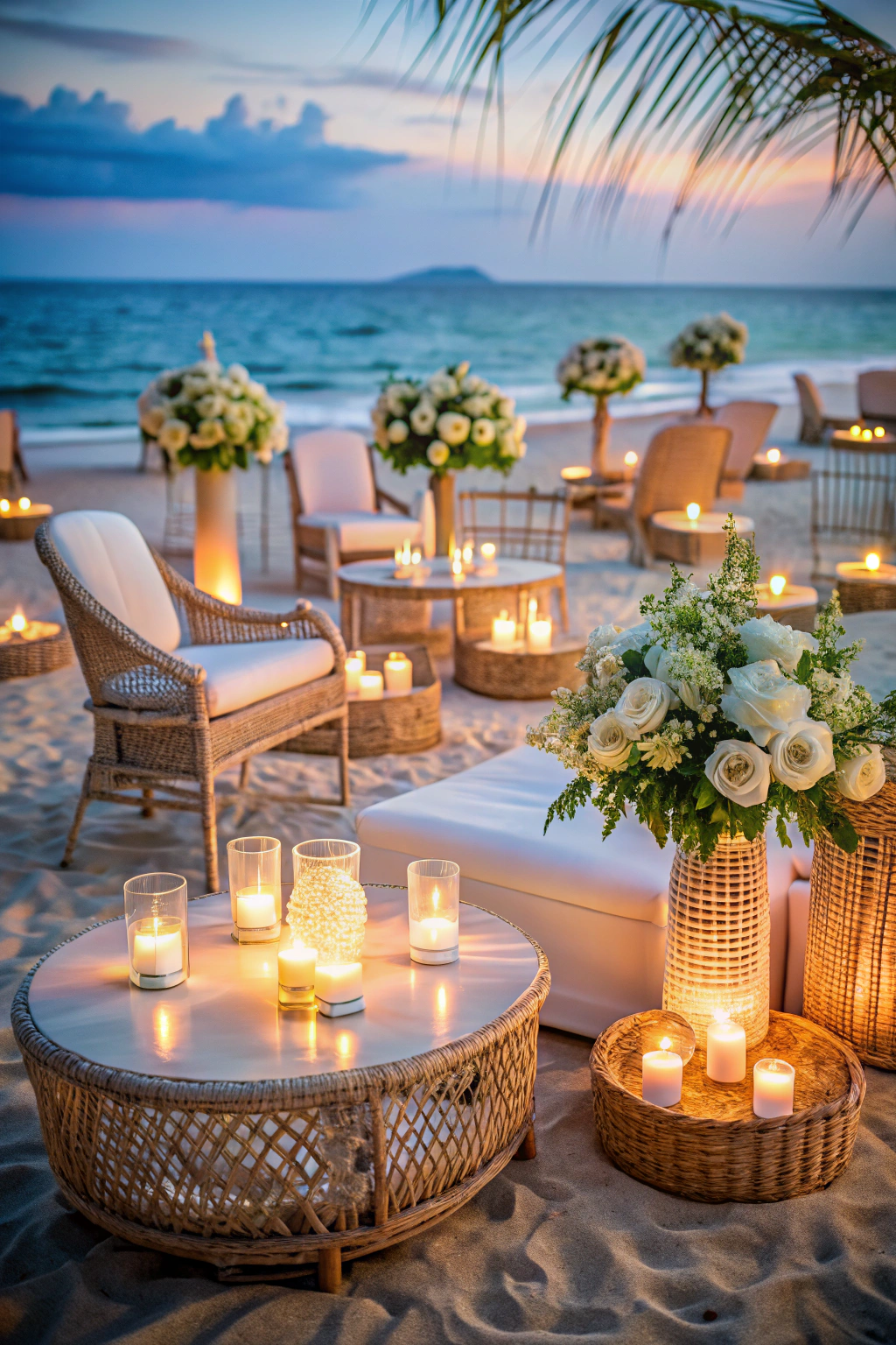 Beach wedding decor with candles and wicker accents