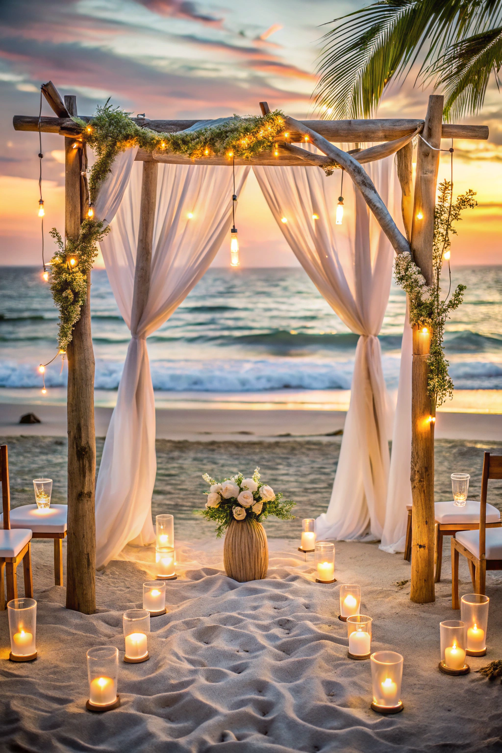 Beach wedding arch with draped fabric and glowing candles