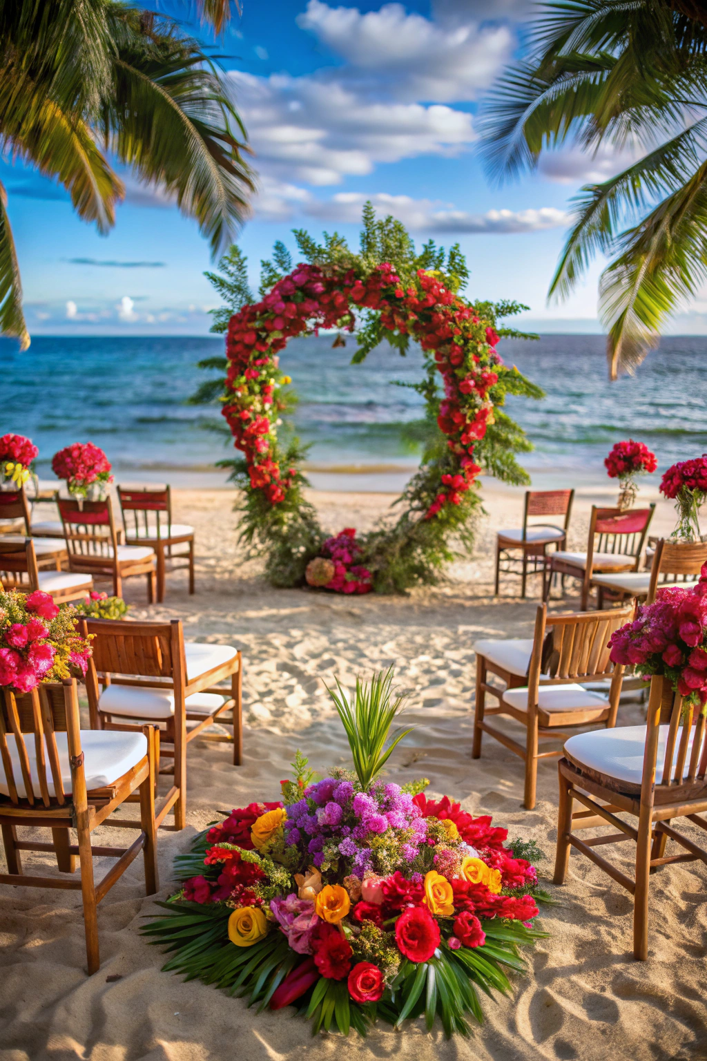 Colorful floral arch and chairs on a sandy beach