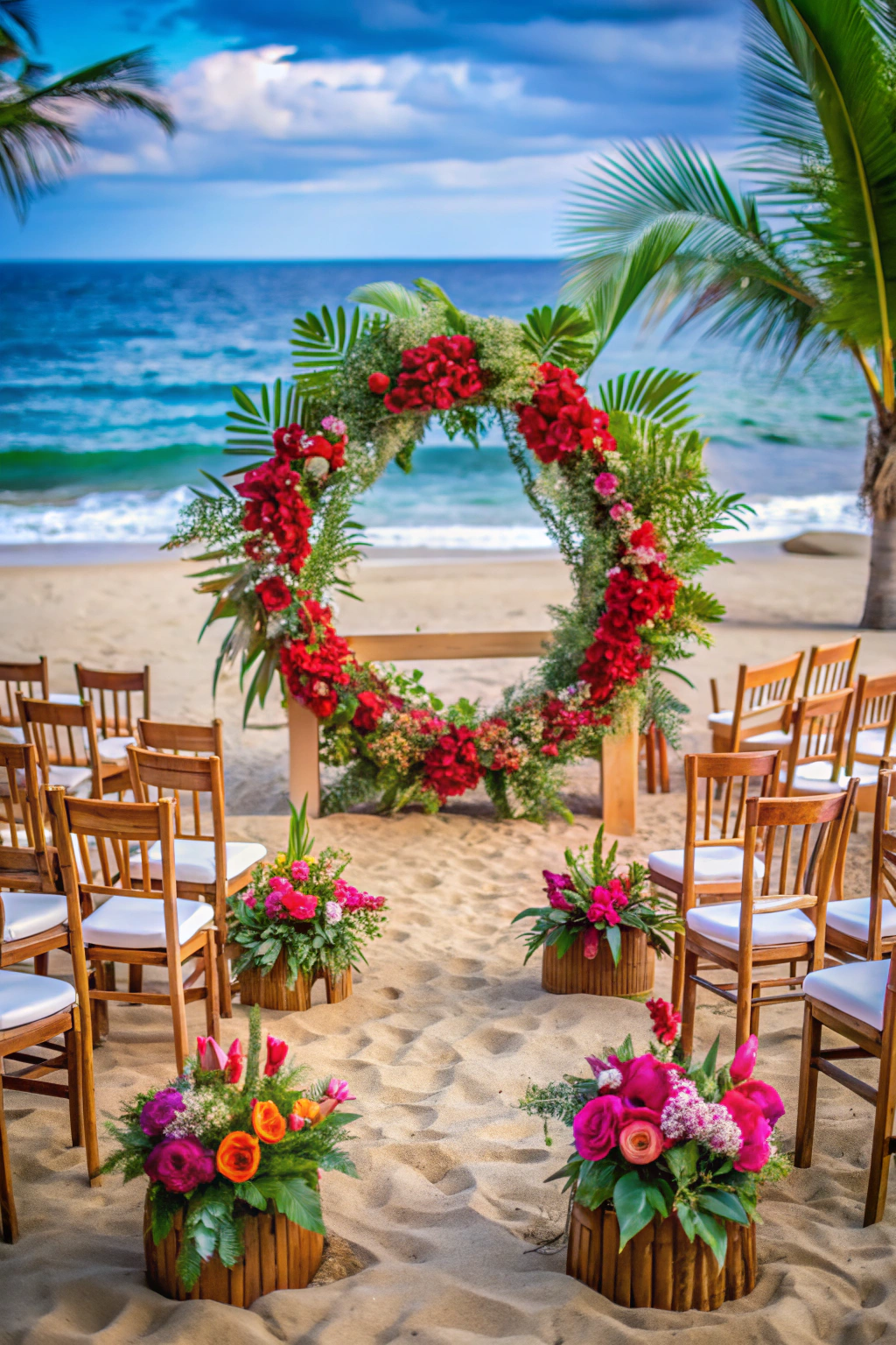 Vibrant floral arch and chairs on sandy beach