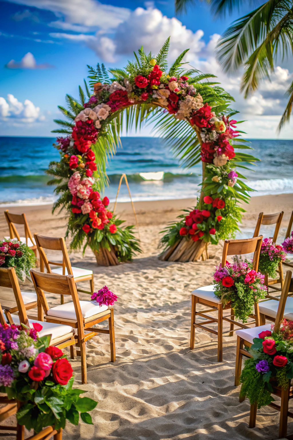 Lush floral arch on a sandy beach with ocean in background