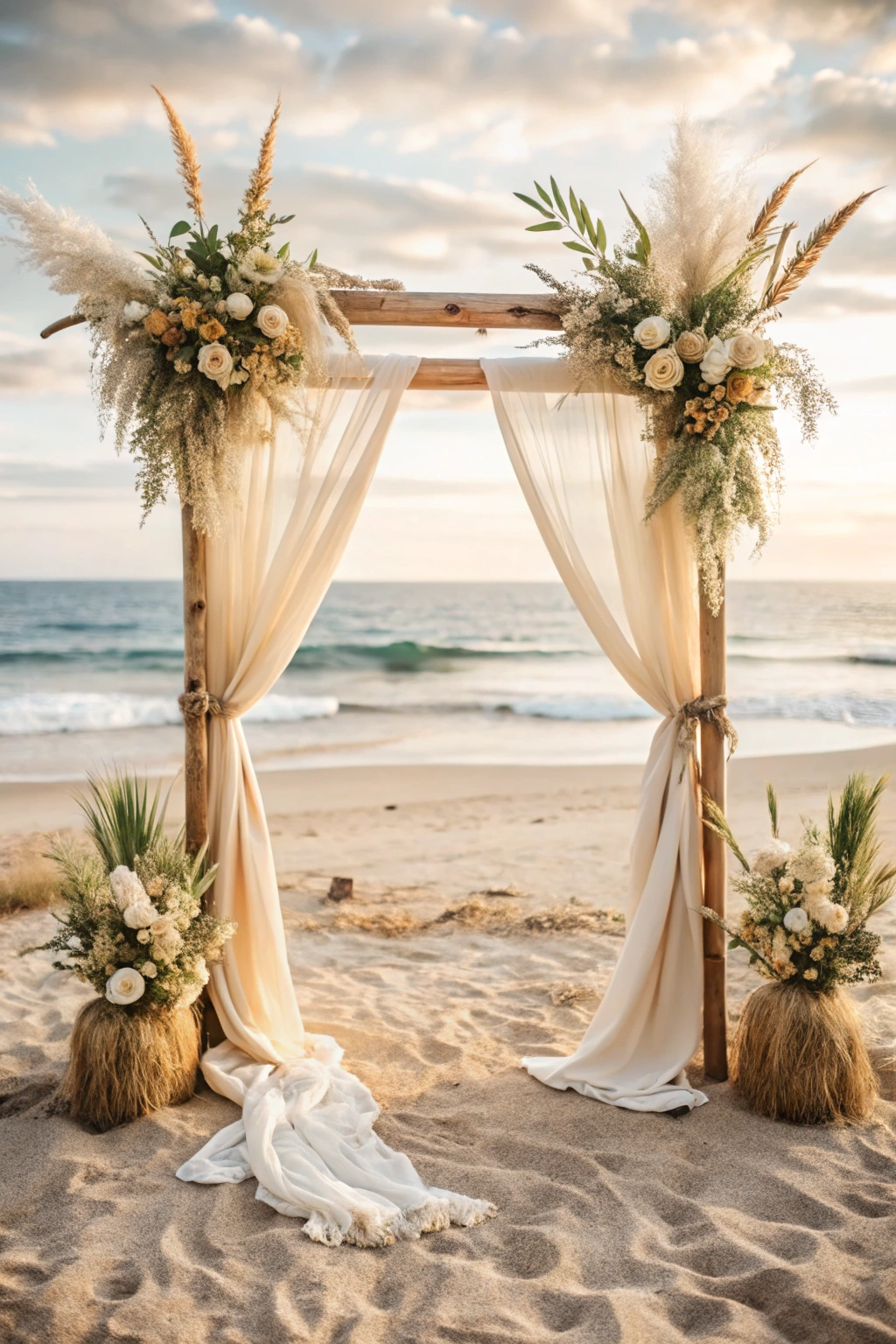 Beach arched altar with floral decorations and flowing fabric