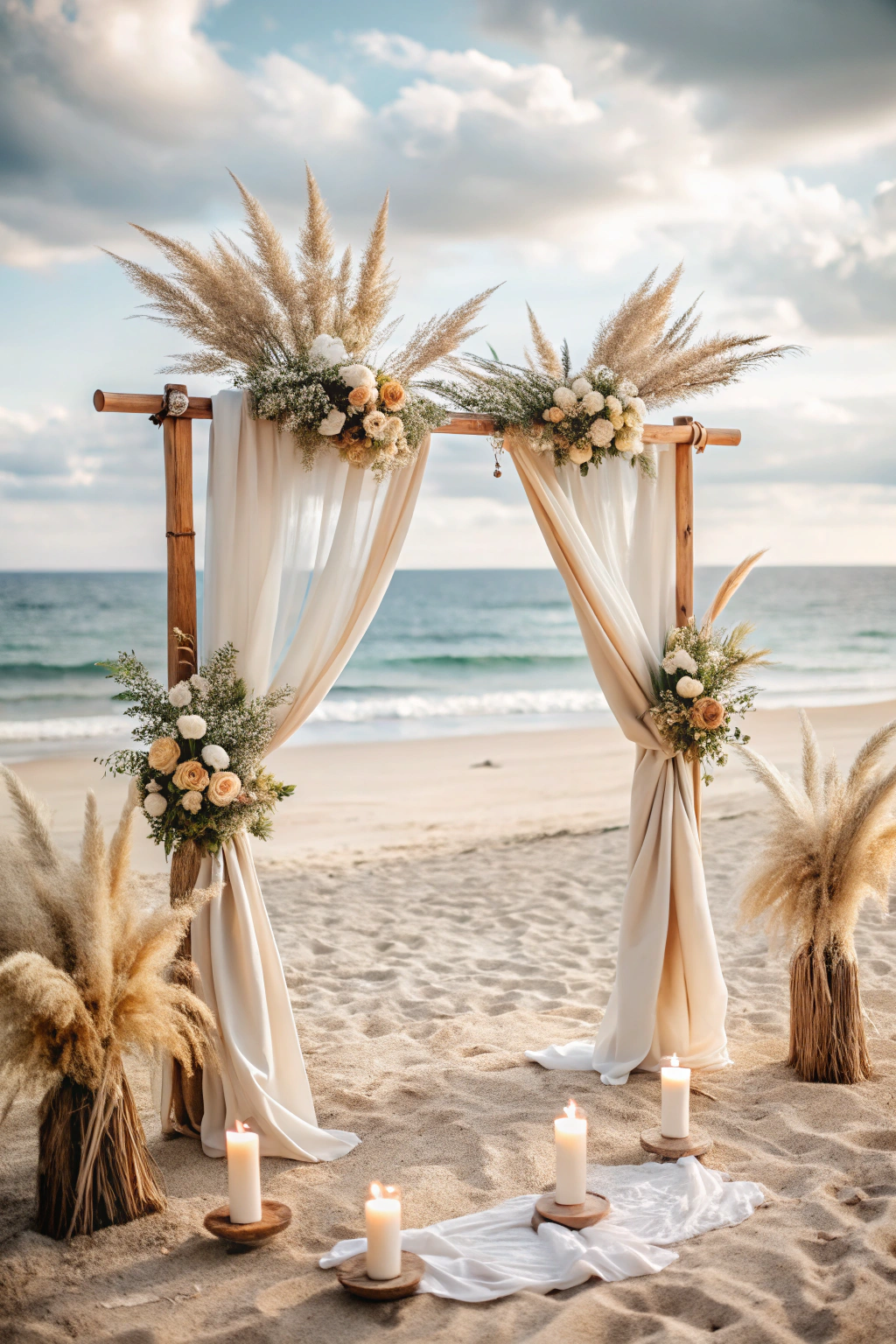 Boho wedding arch on a sandy beach with pampas grass and candles