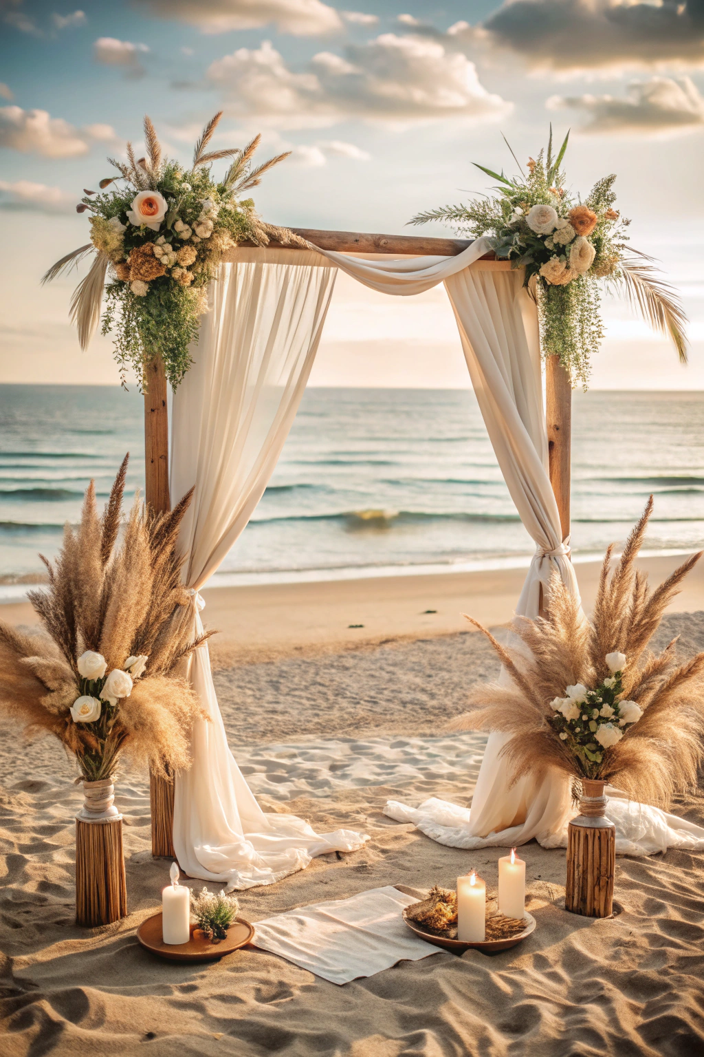 Boho wedding arch with ocean background