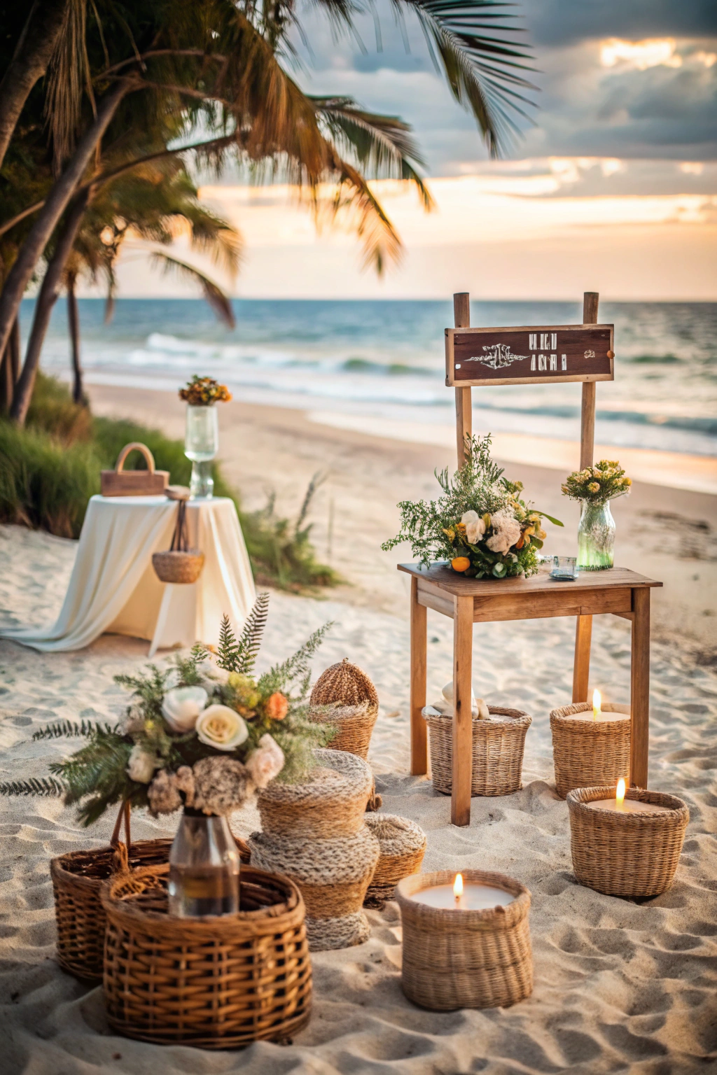 Beach wedding decor with wooden table and floral arrangement