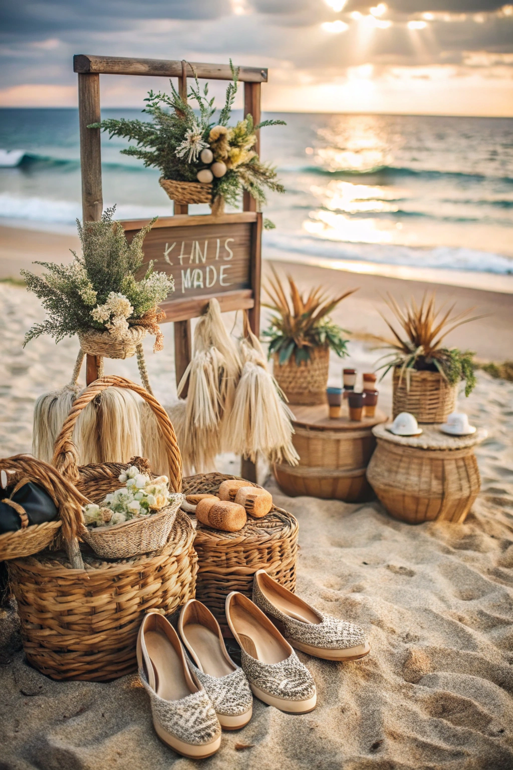 Rustic beach decor with woven baskets and greenery