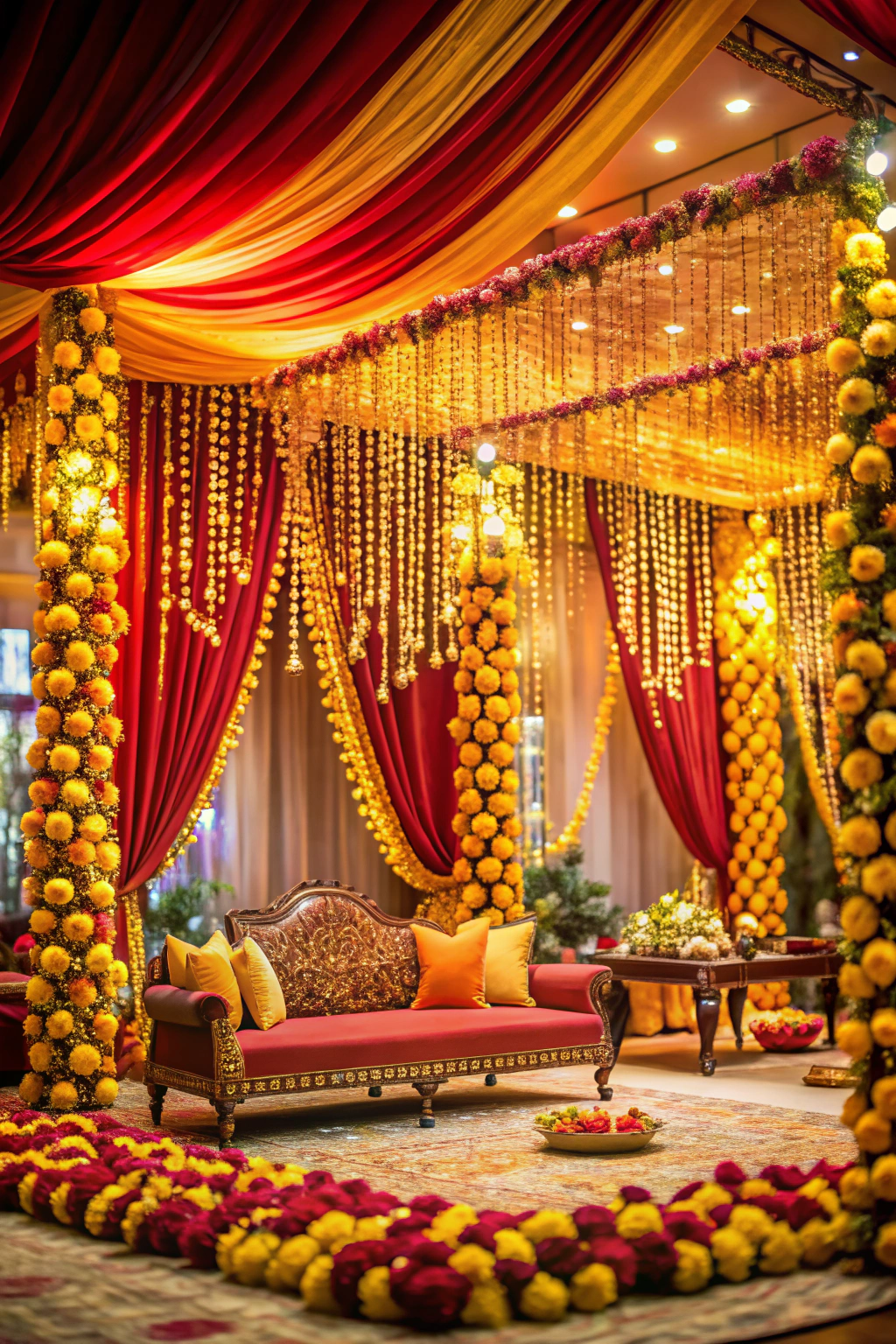 Vibrant floral-themed wedding setup