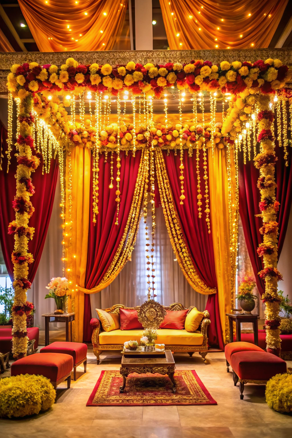 Vibrant wedding seating area with draped canopy and flowers